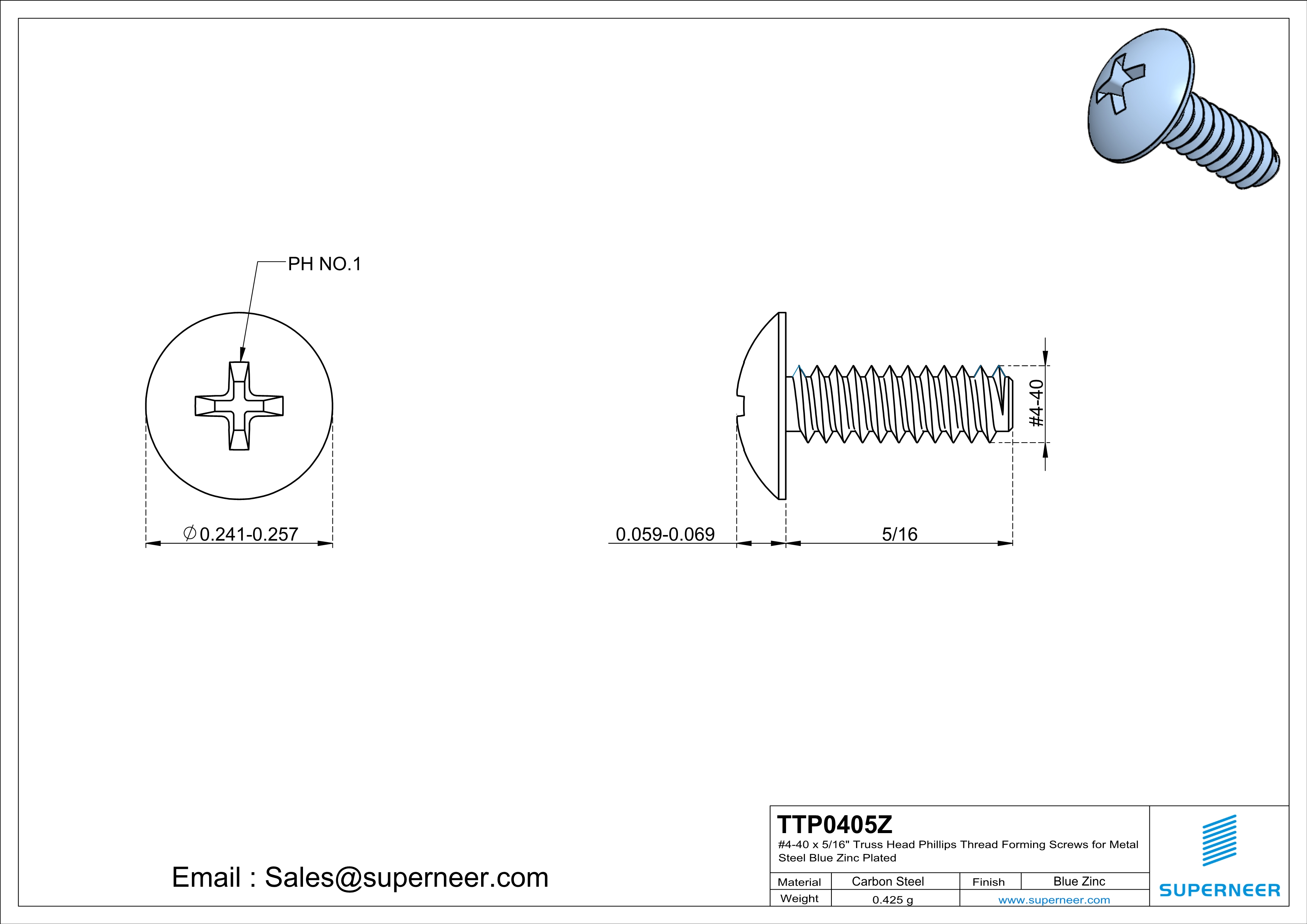 4-40 × 5/16 Truss Head Phillips Thread Forming  Screws for Metal  Steel Blue Zinc Plated