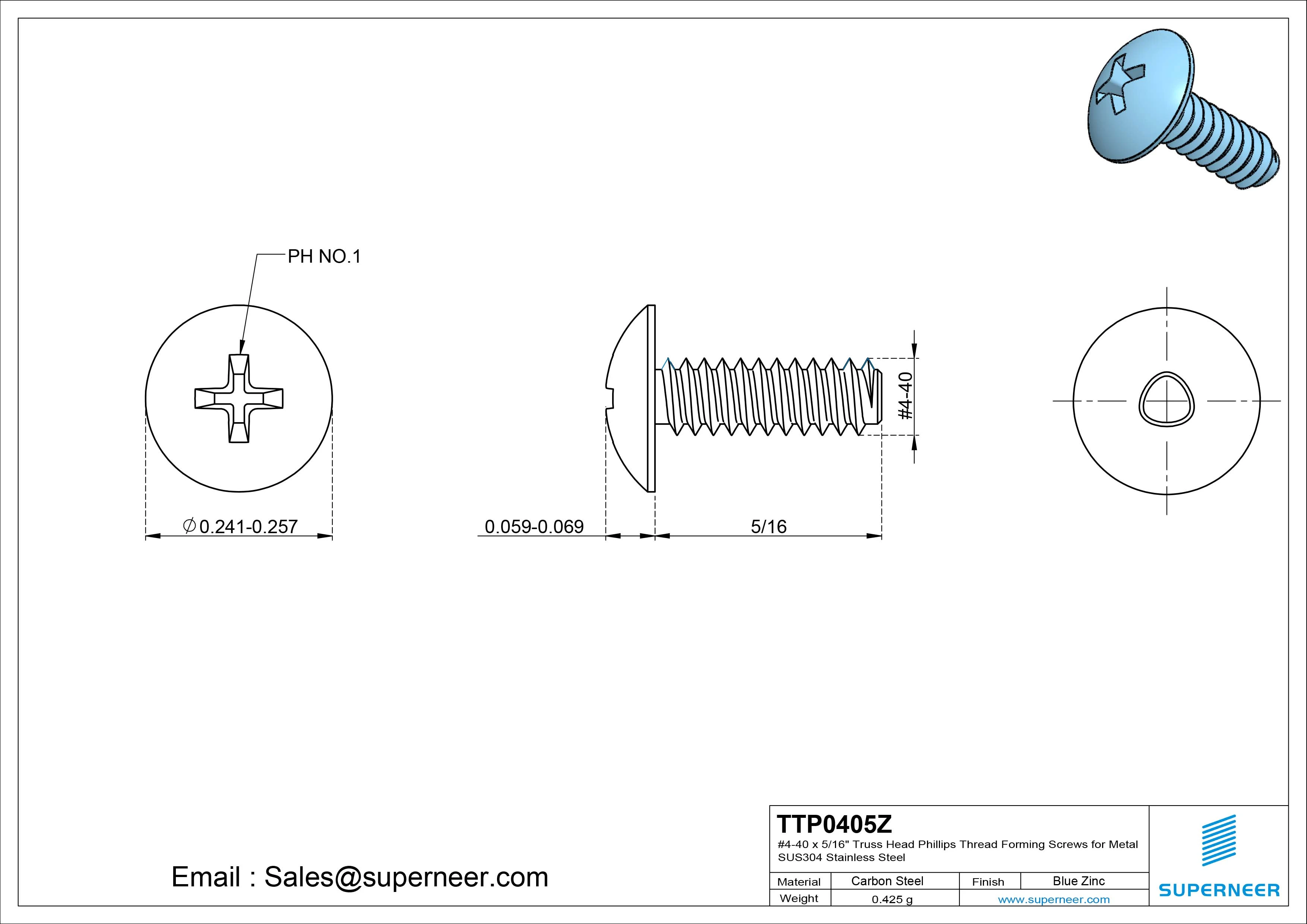 4-40 × 5/16 Truss Head Phillips Thread Forming  Screws for Metal  Steel Blue Zinc Plated