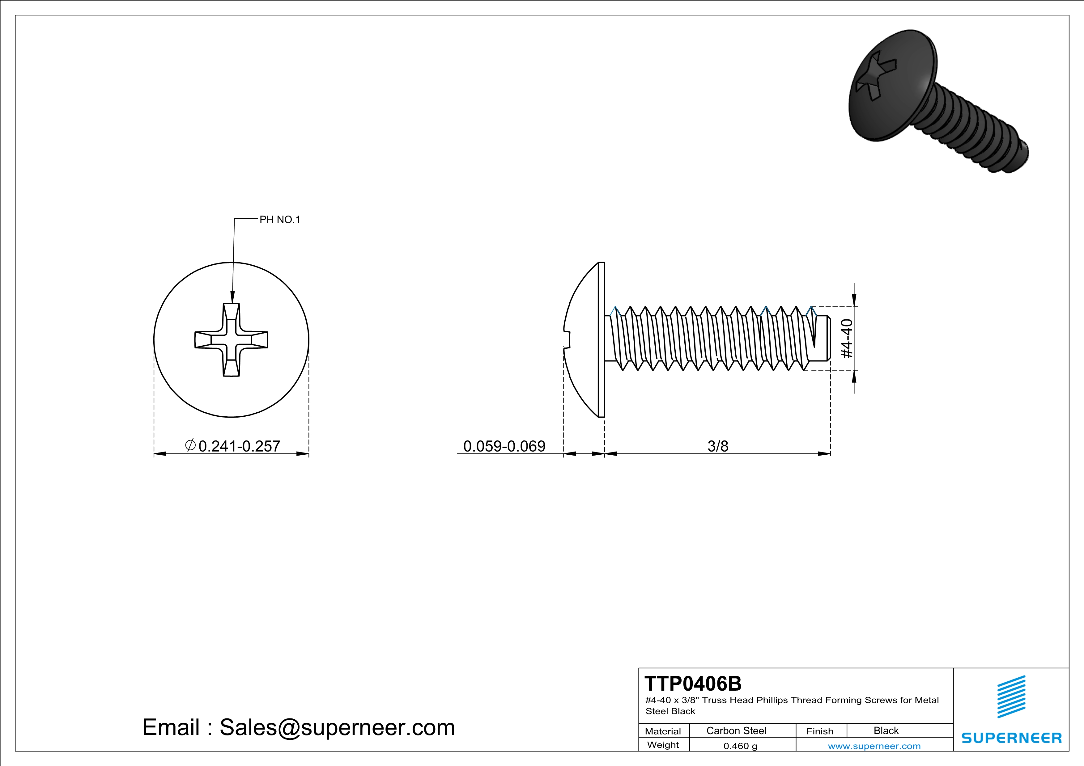 4-40 × 3/8 Truss Head Phillips Thread Forming  Screws for Metal  Steel Black