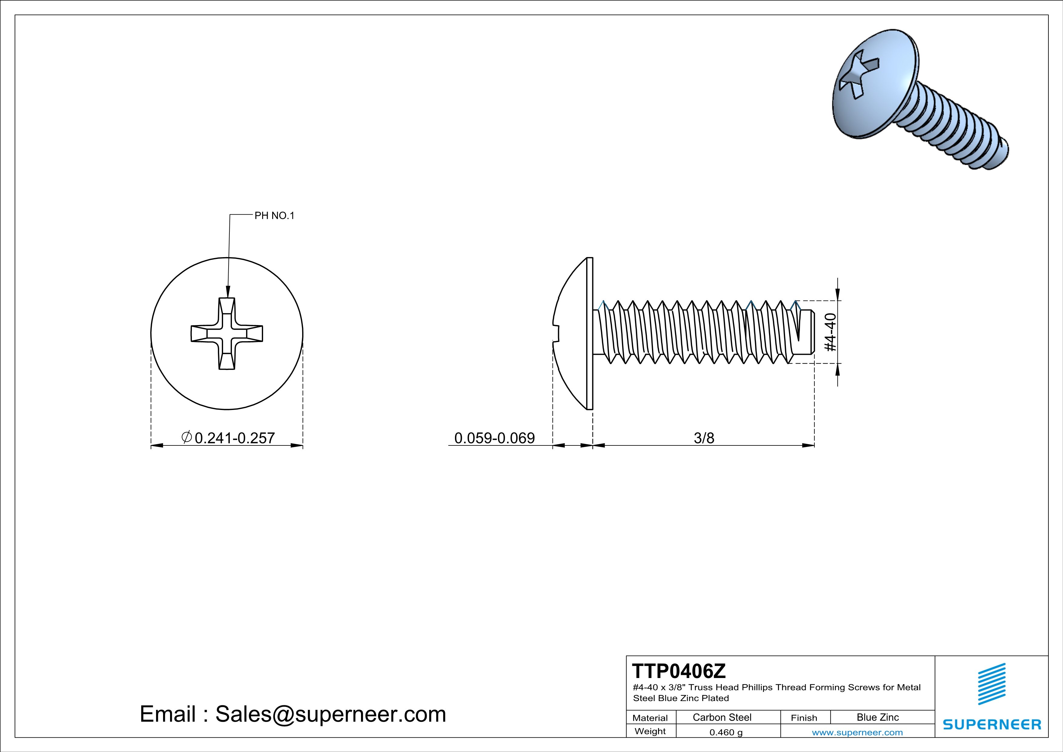 4-40 × 3/8 Truss Head Phillips Thread Forming  Screws for Metal  Steel Blue Zinc Plated