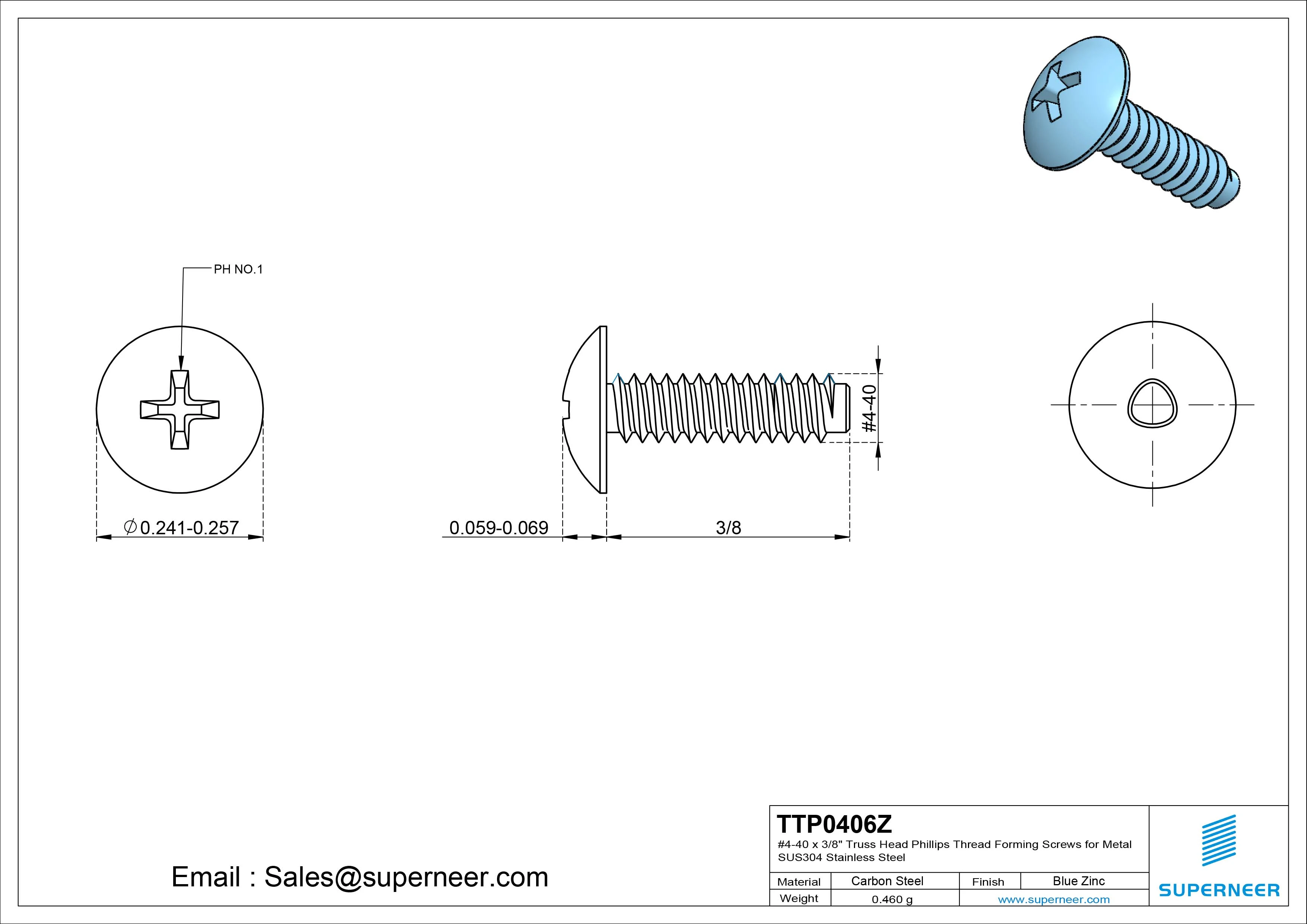 4-40 × 3/8 Truss Head Phillips Thread Forming  Screws for Metal  Steel Blue Zinc Plated