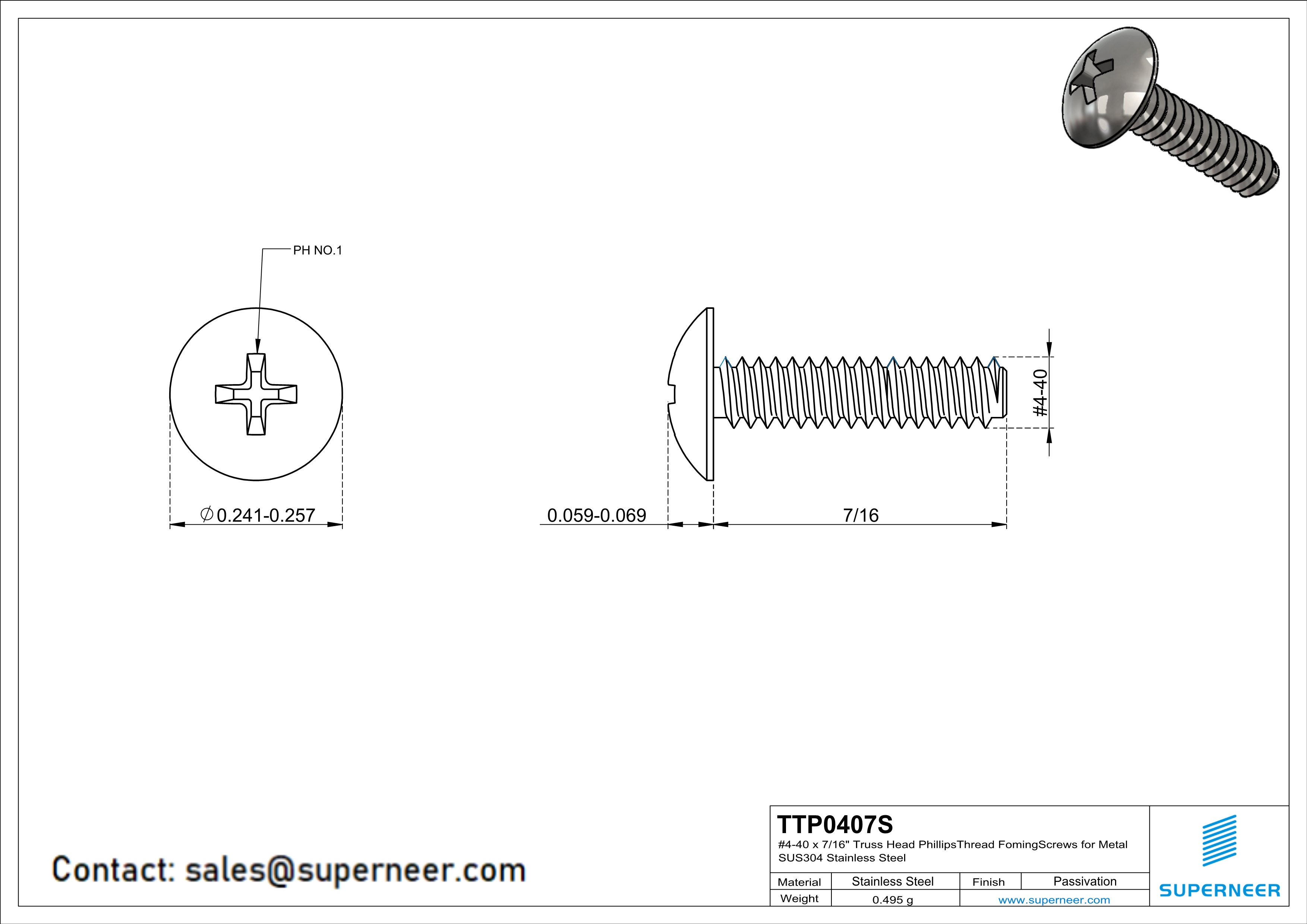 4-40 × 7/16 Truss Head Phillips Thread Forming  Screws for Metal  SUS304 Stainless Steel Inox