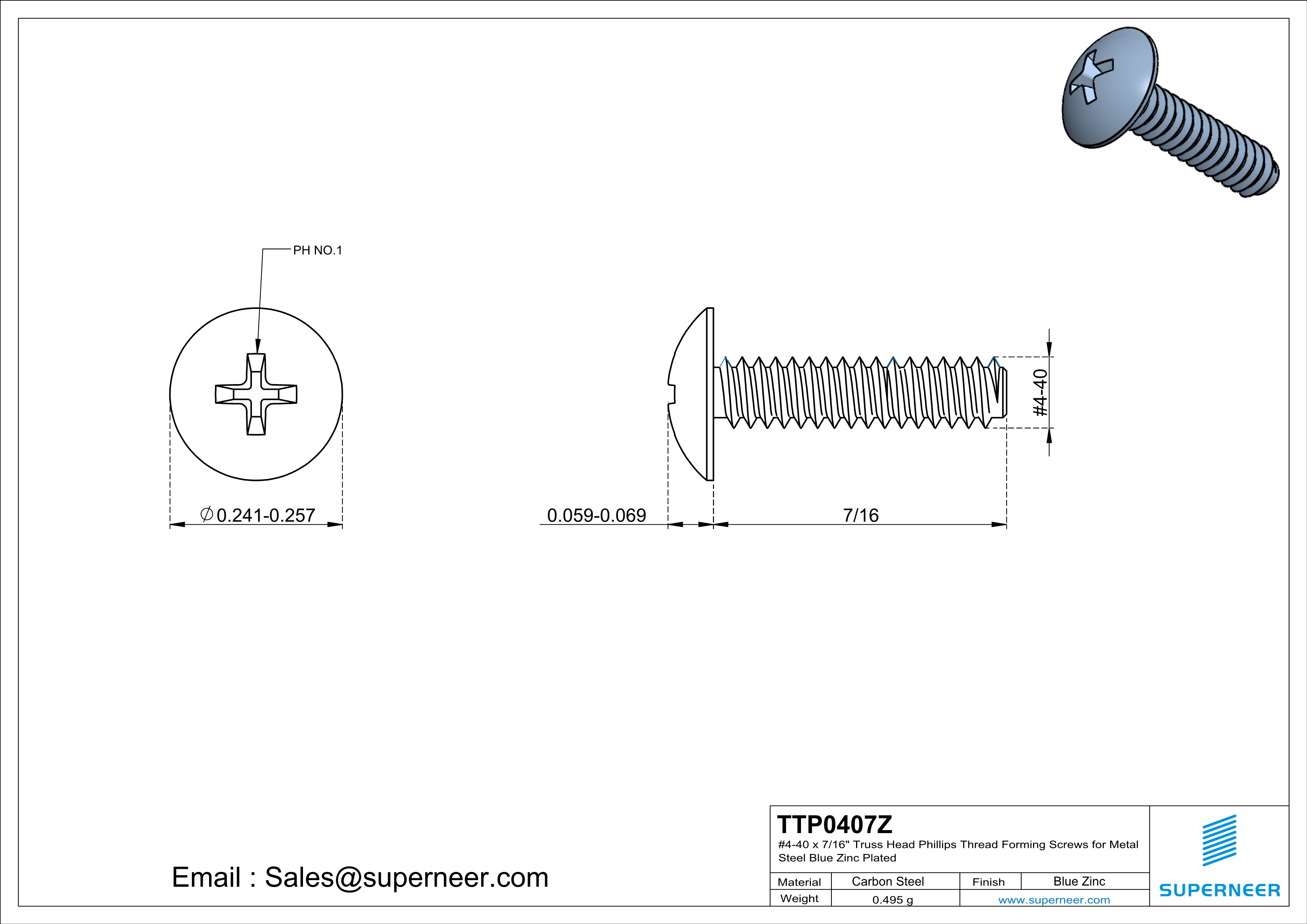 4-40 × 7/16 Truss Head Phillips Thread Forming  Screws for Metal  Steel Blue Zinc Plated