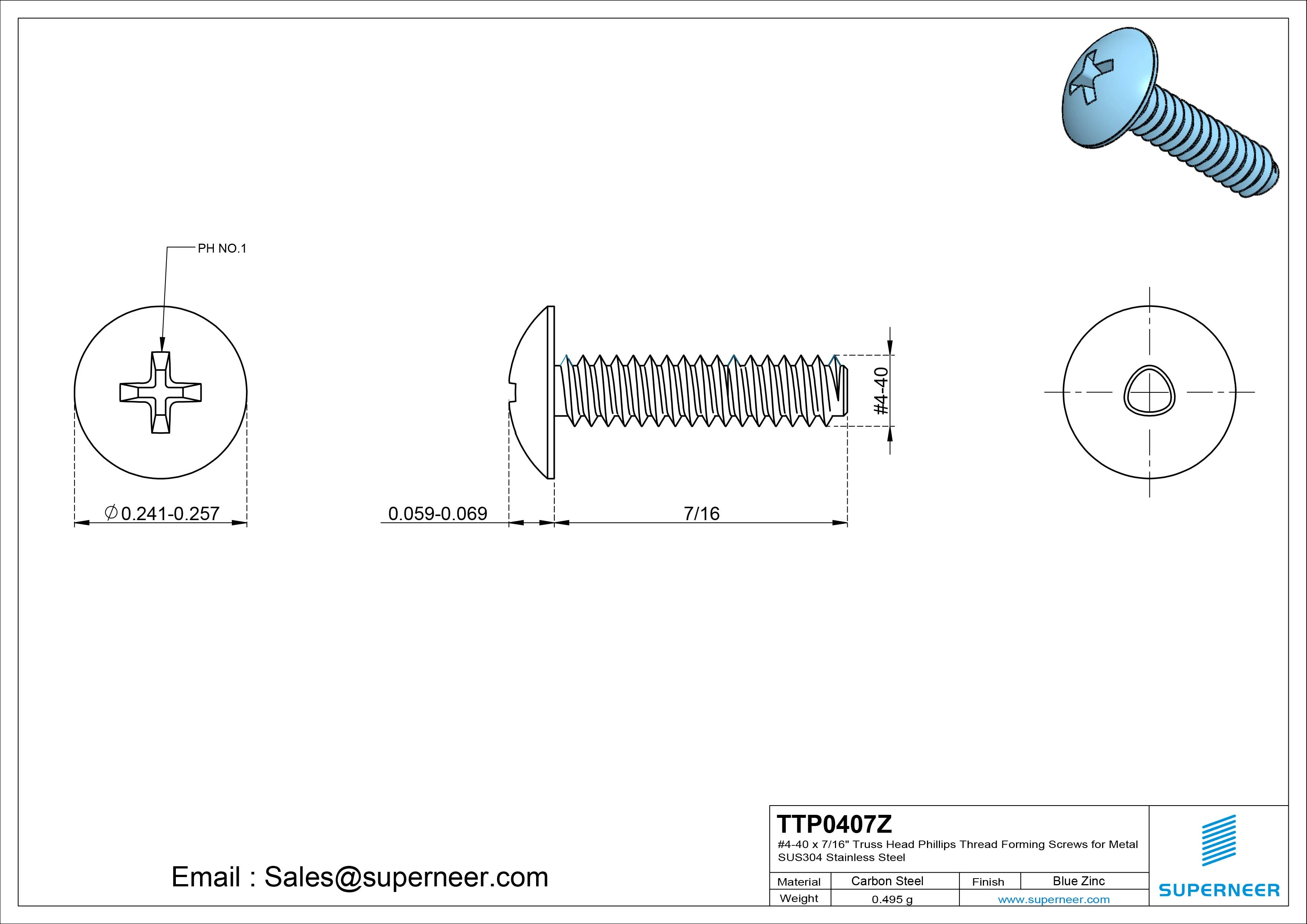 4-40 × 7/16 Truss Head Phillips Thread Forming  Screws for Metal  Steel Blue Zinc Plated