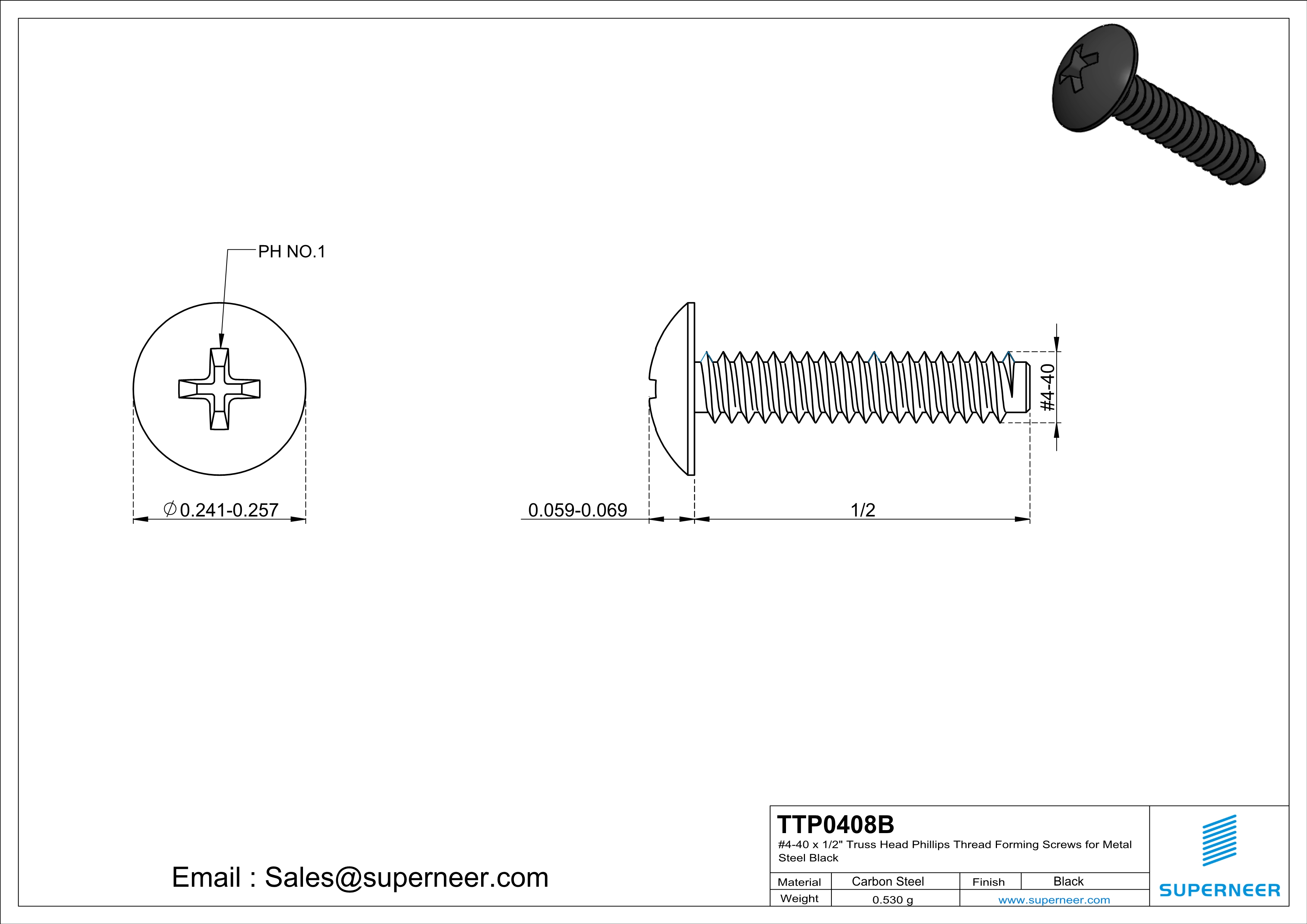 4-40 × 1/2 Truss Head Phillips Thread Forming  Screws for Metal  Steel Black