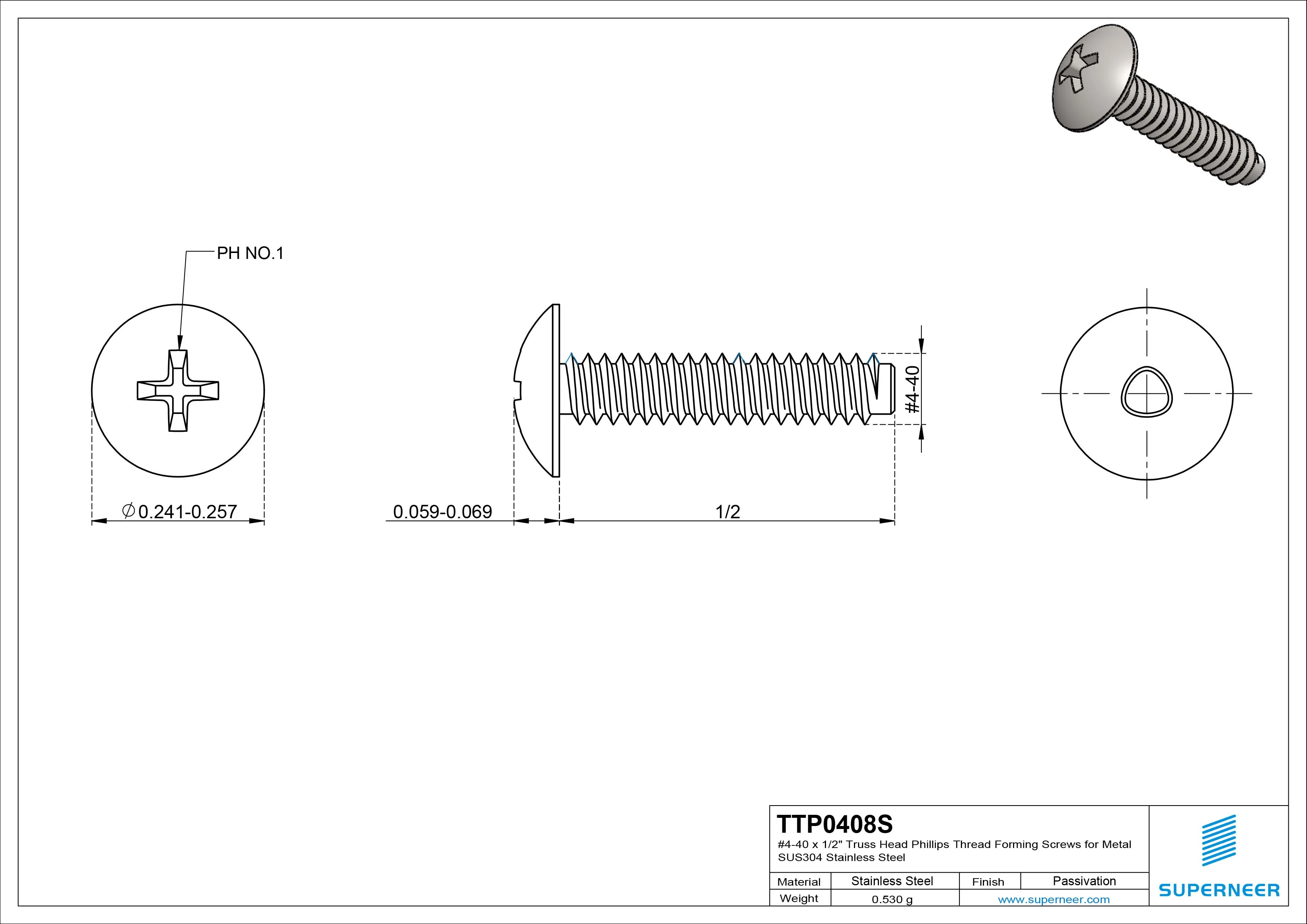 4-40 × 1/2 Truss Head Phillips Thread Forming  Screws for Metal  SUS304 Stainless Steel Inox