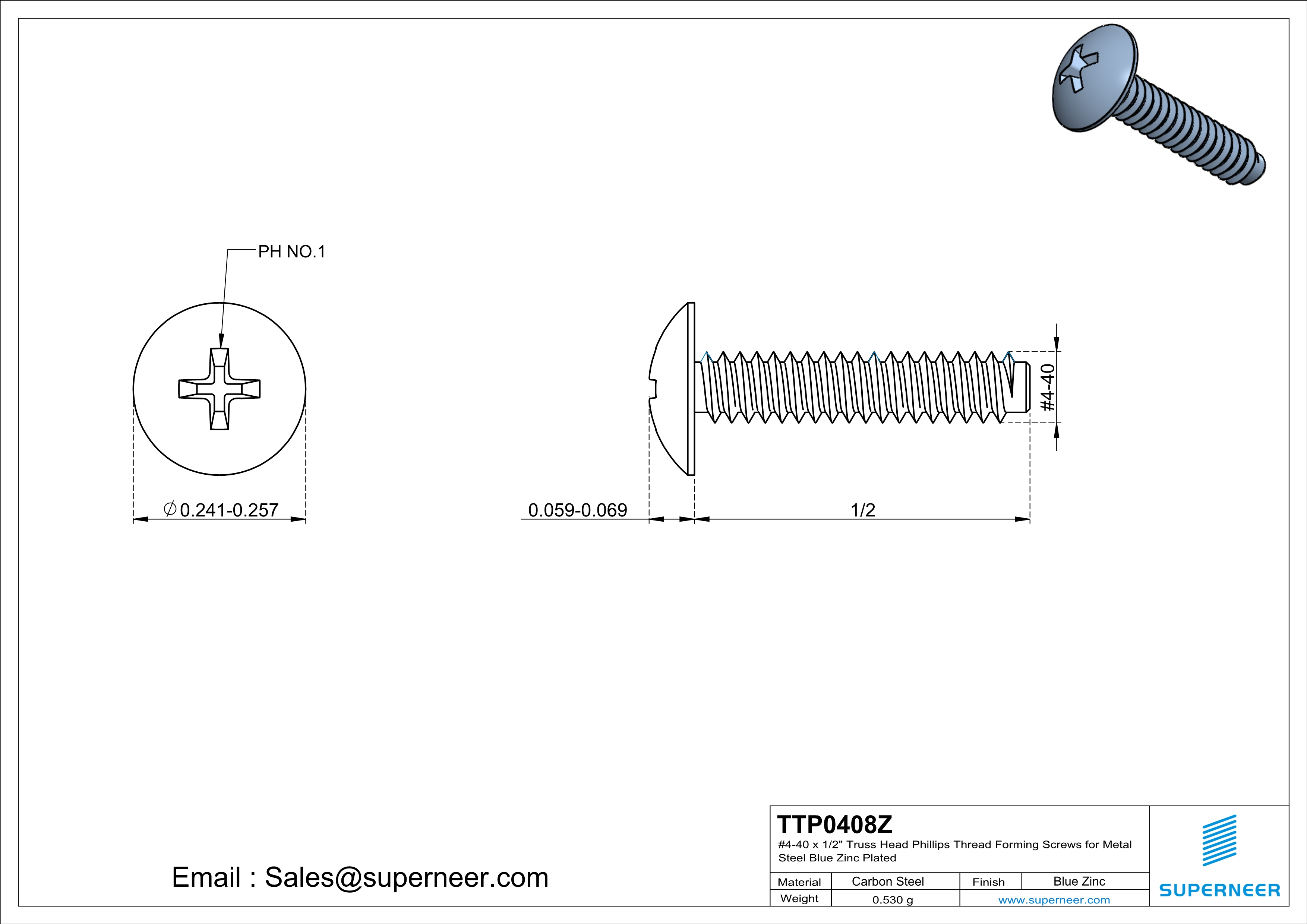 4-40 × 1/2 Truss Head Phillips Thread Forming  Screws for Metal  Steel Blue Zinc Plated