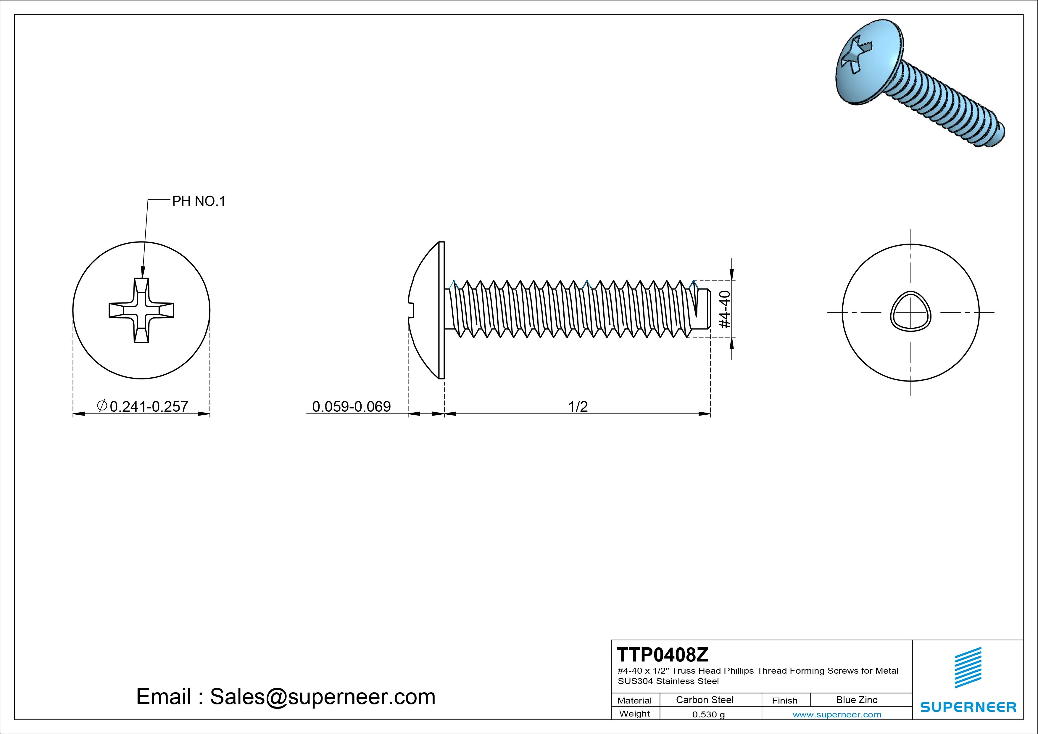 4-40 × 1/2 Truss Head Phillips Thread Forming  Screws for Metal  Steel Blue Zinc Plated