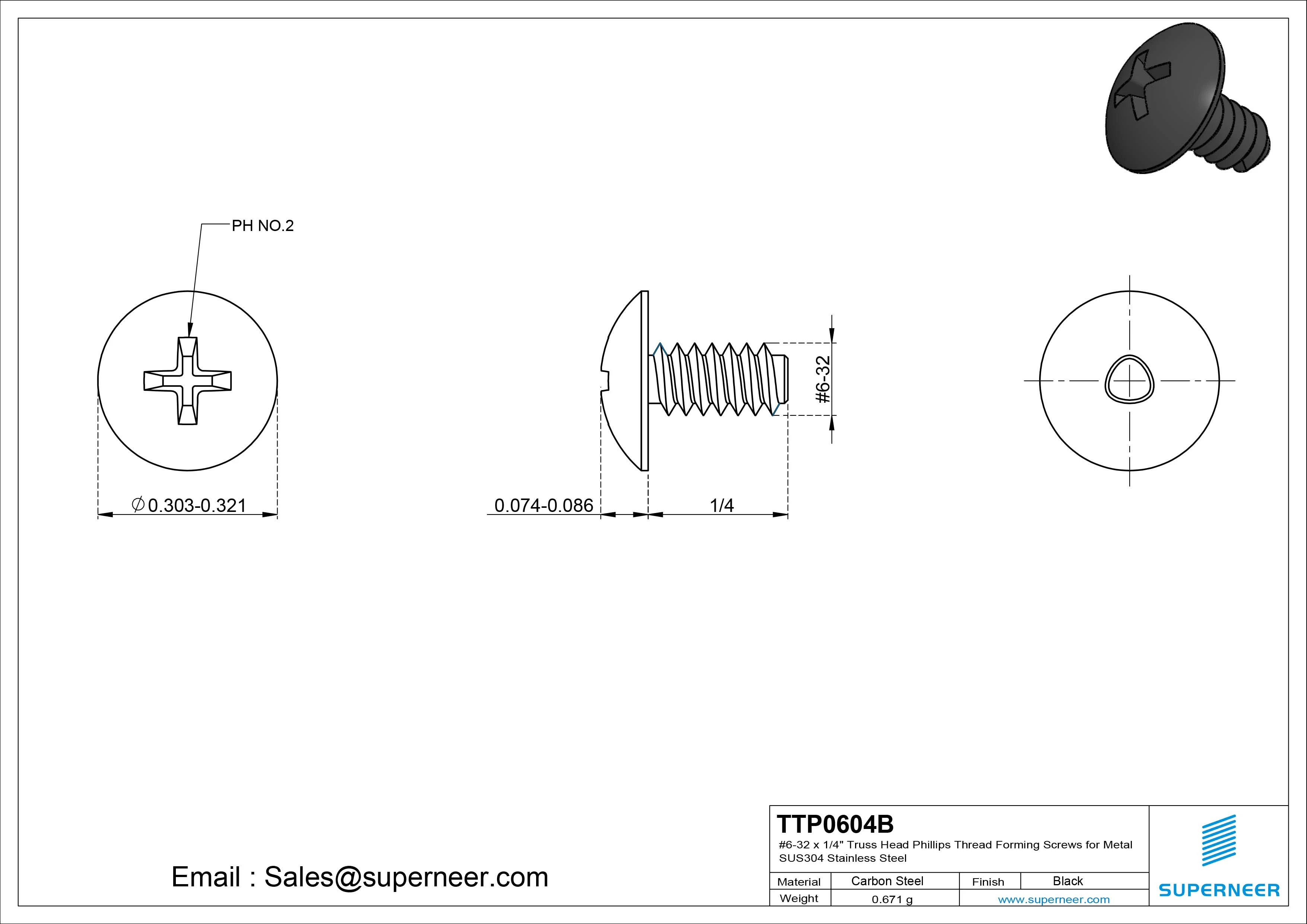 6-32 × 1/4 Truss Head Phillips Thread Forming  Screws for Metal  Steel Black