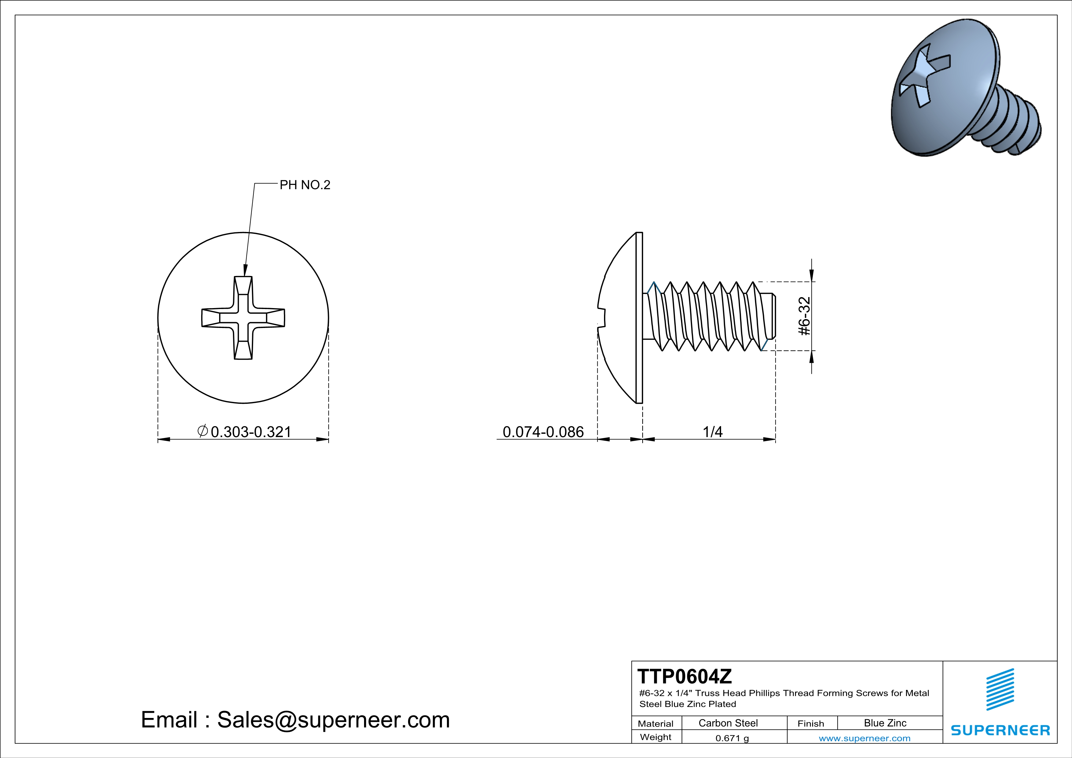 6-32 × 1/4 Truss Head Phillips Thread Forming  Screws for Metal  Steel Blue Zinc Plated