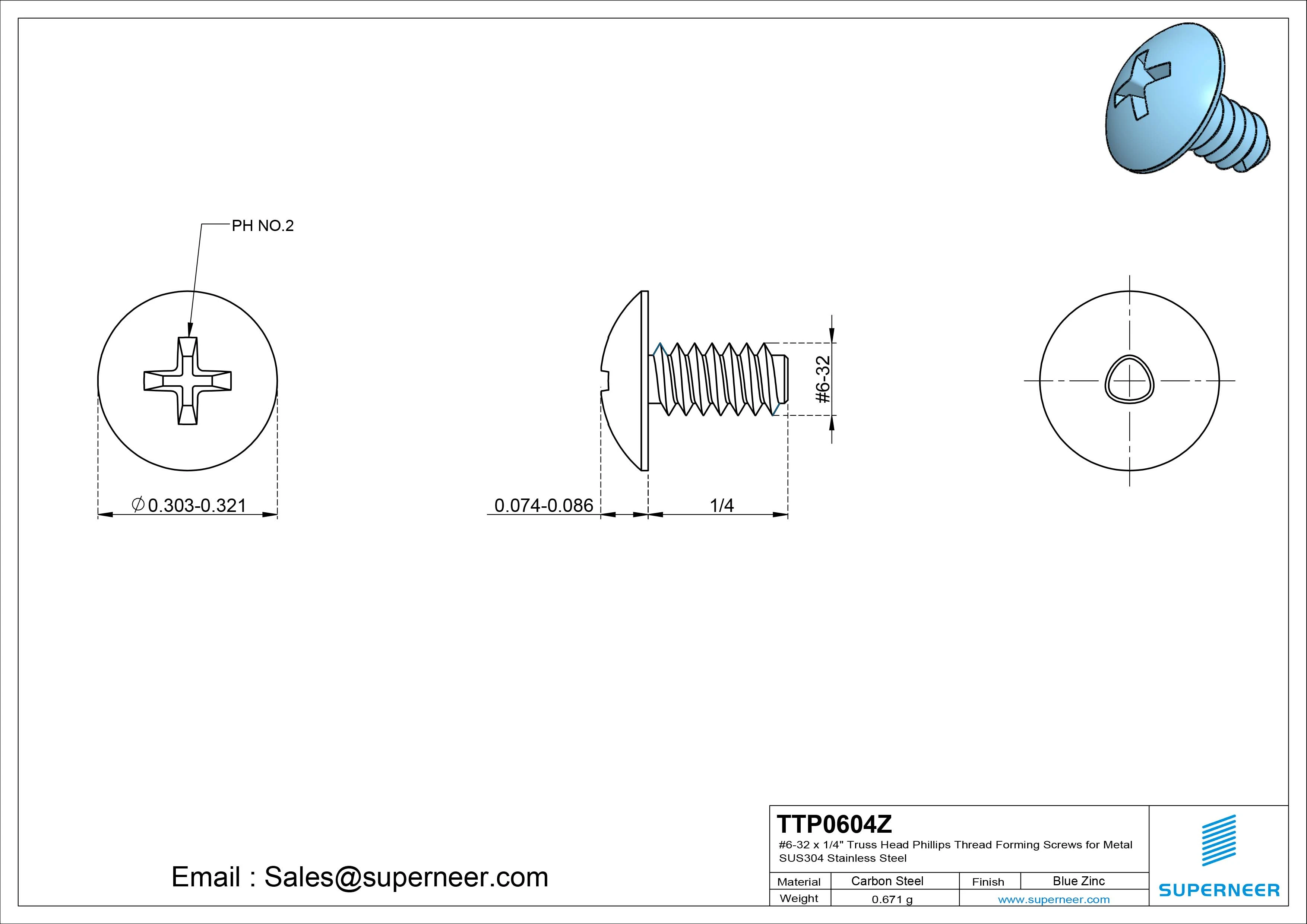 6-32 × 1/4 Truss Head Phillips Thread Forming  Screws for Metal  Steel Blue Zinc Plated