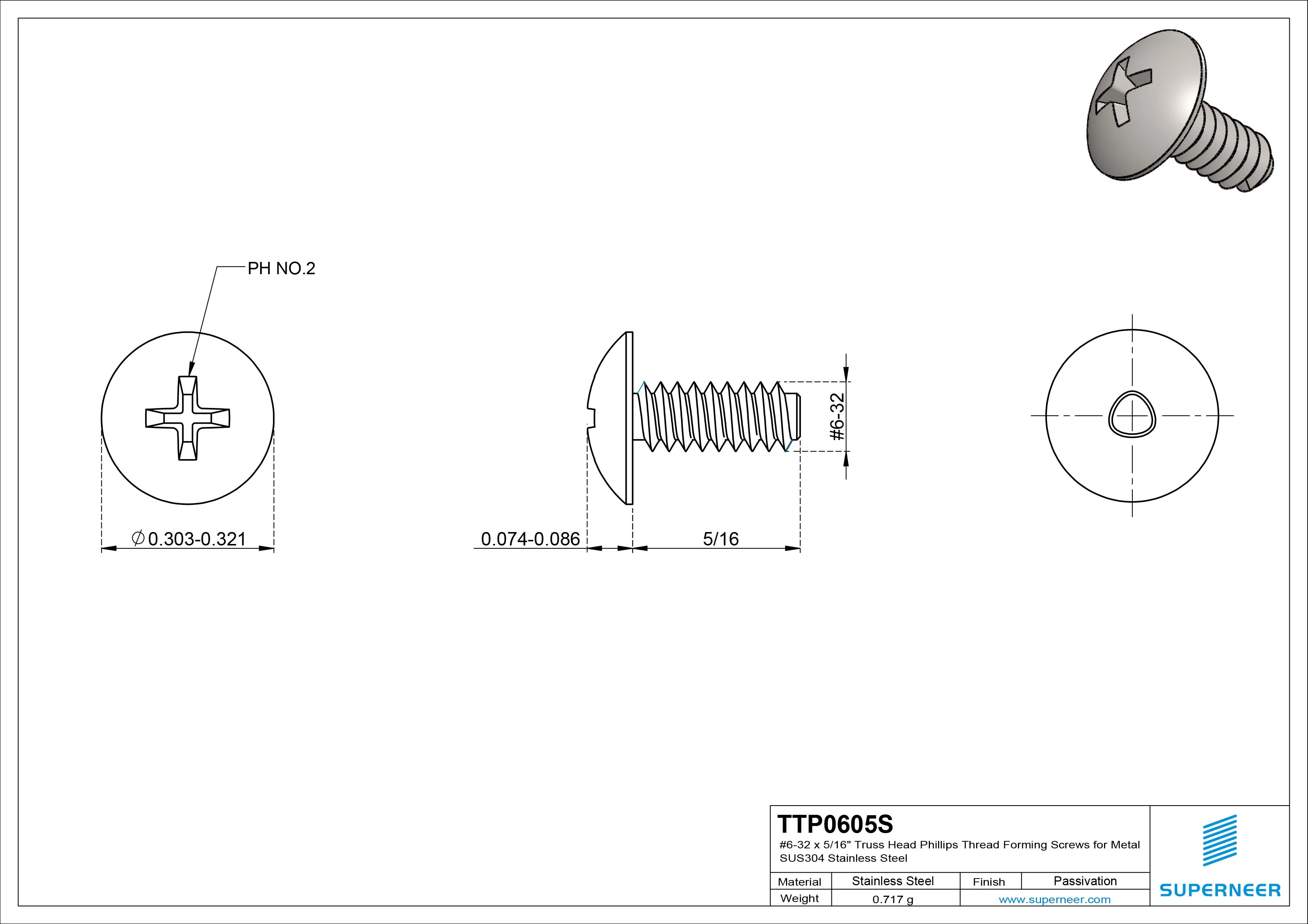 6-32 × 5/16 Truss Head Phillips Thread Forming  Screws for Metal  SUS304 Stainless Steel Inox