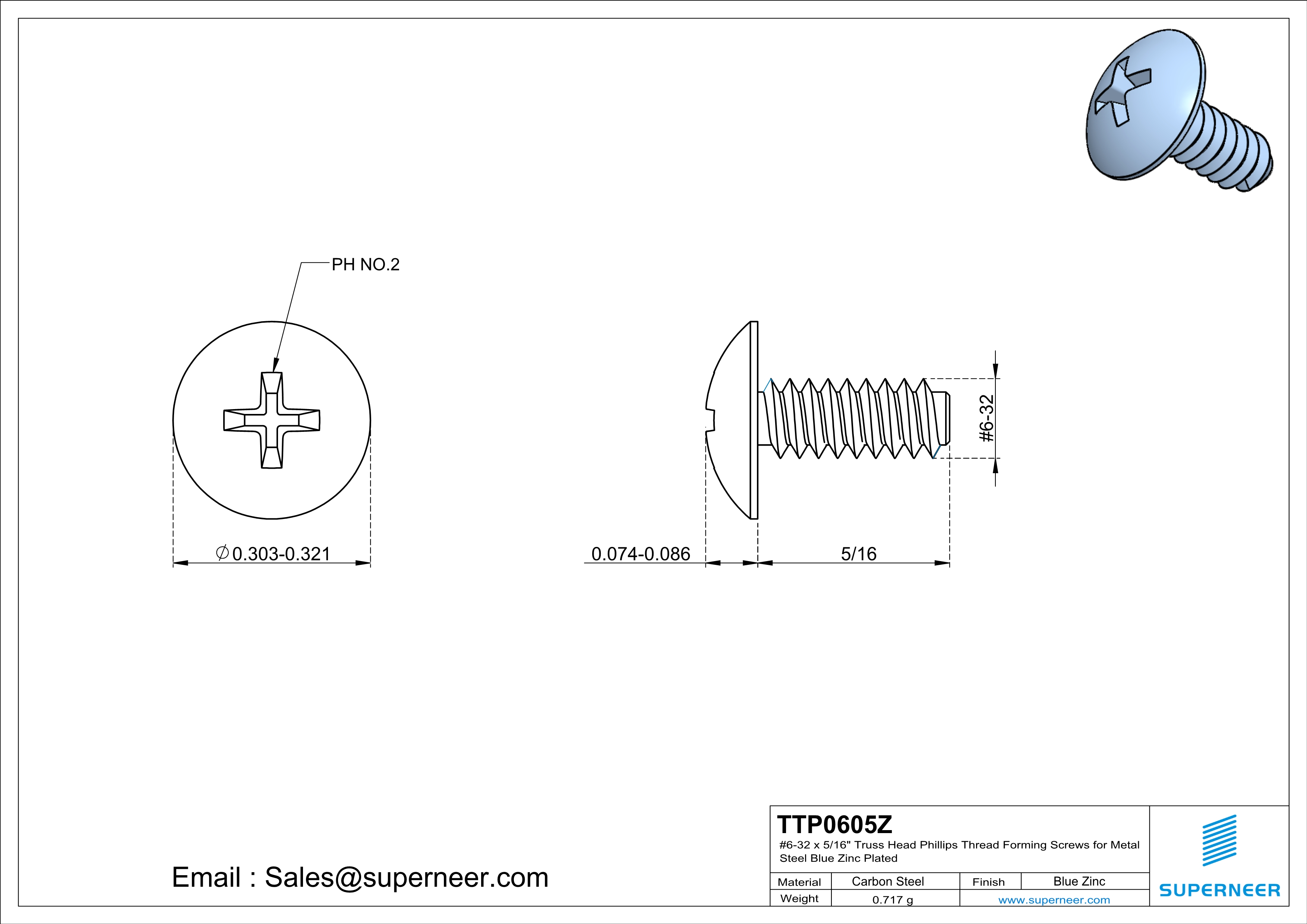 6-32 × 5/16 Truss Head Phillips Thread Forming  Screws for Metal  Steel Blue Zinc Plated