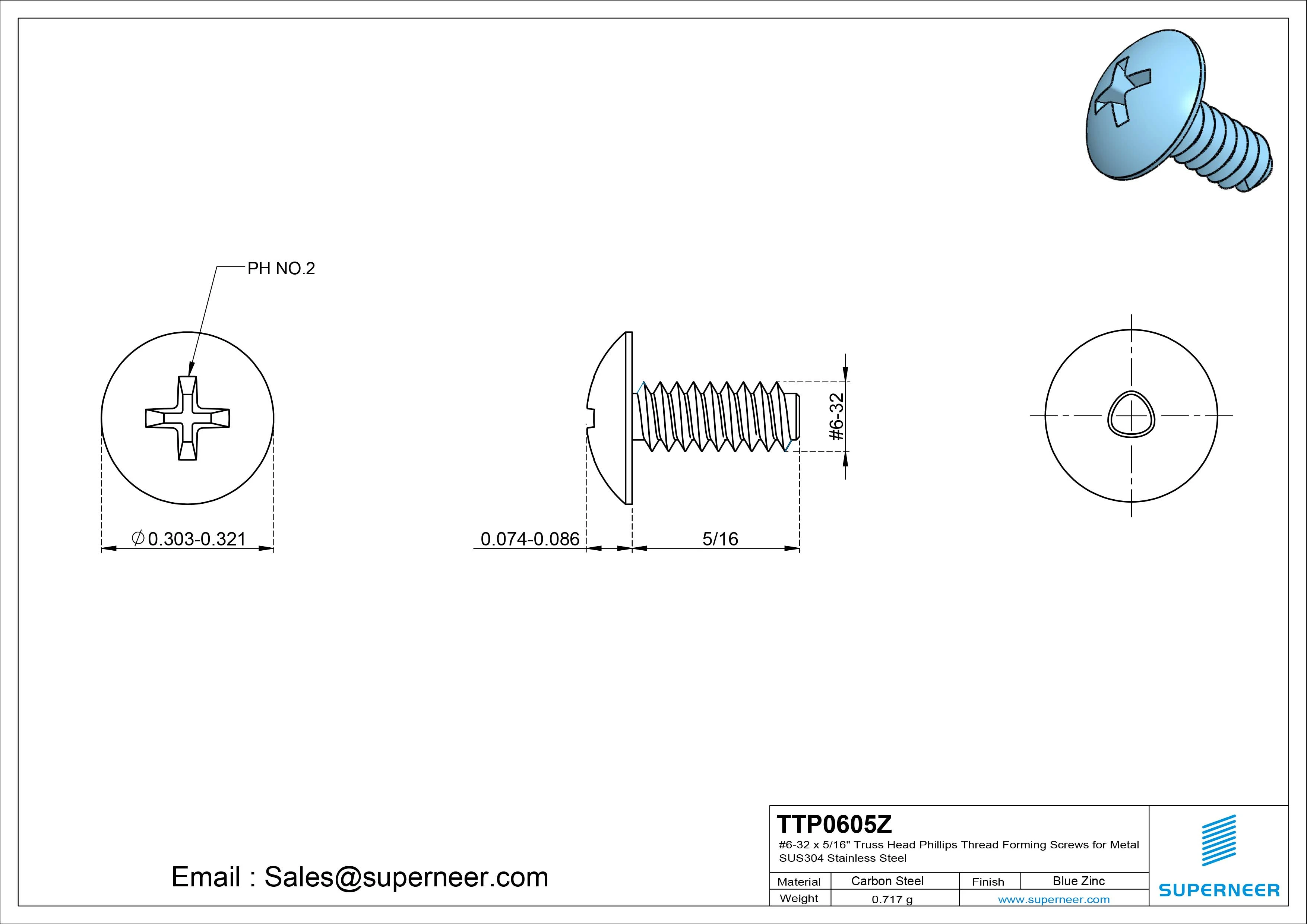 6-32 × 5/16 Truss Head Phillips Thread Forming  Screws for Metal  Steel Blue Zinc Plated