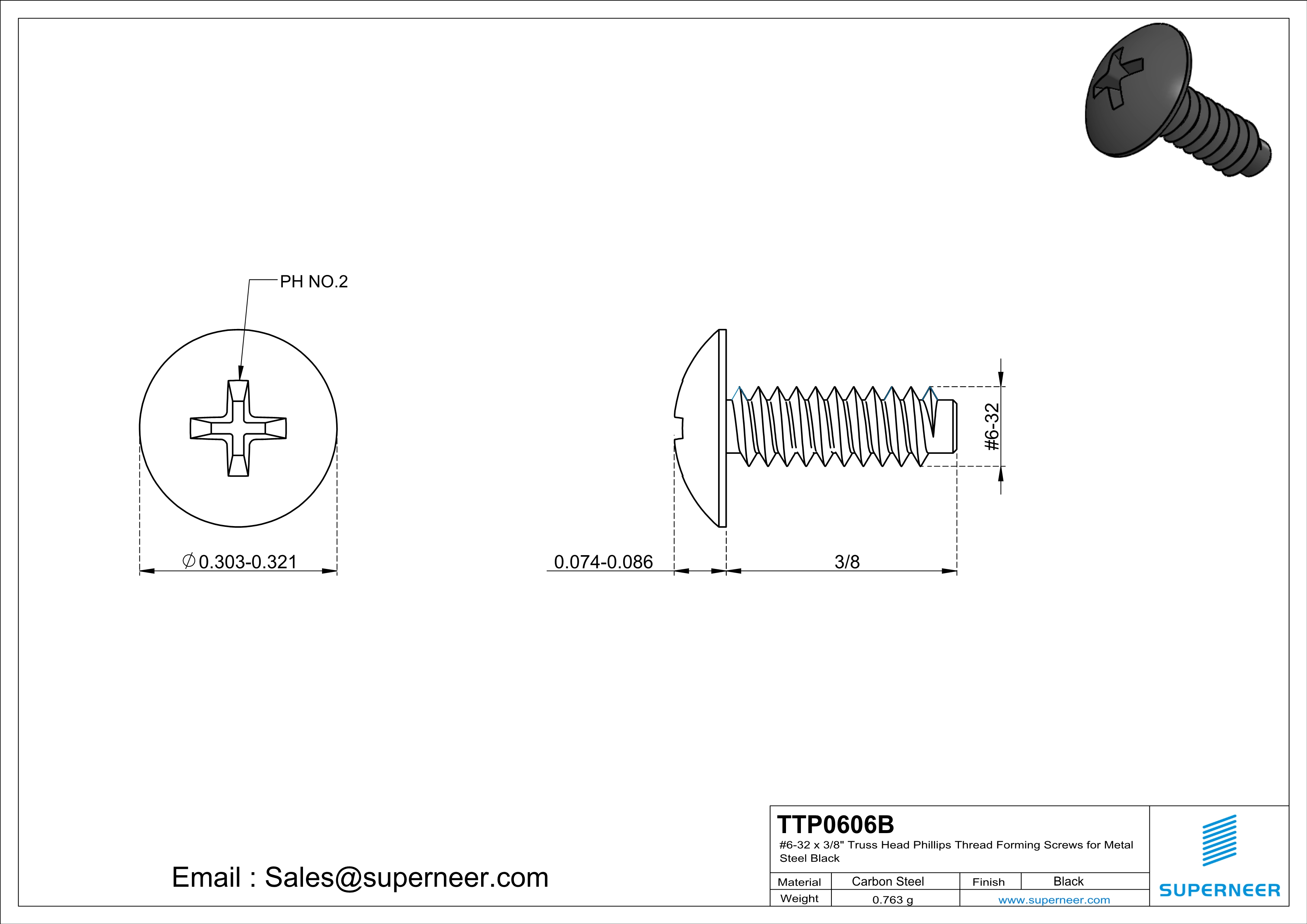 6-32 × 3/8 Truss Head Phillips Thread Forming  Screws for Metal  Steel Black