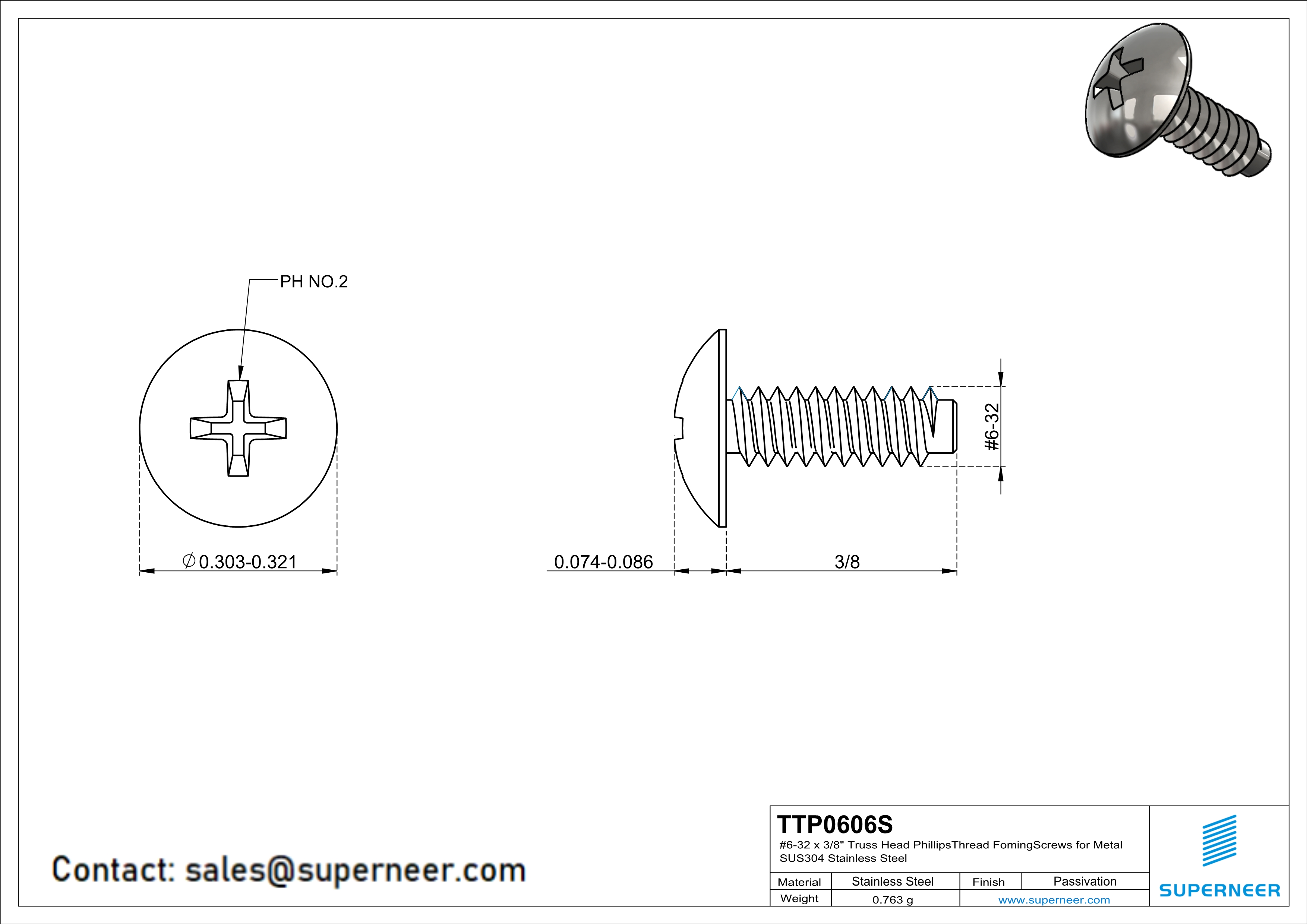 6-32 × 3/8 Truss Head Phillips Thread Forming  Screws for Metal  SUS304 Stainless Steel Inox