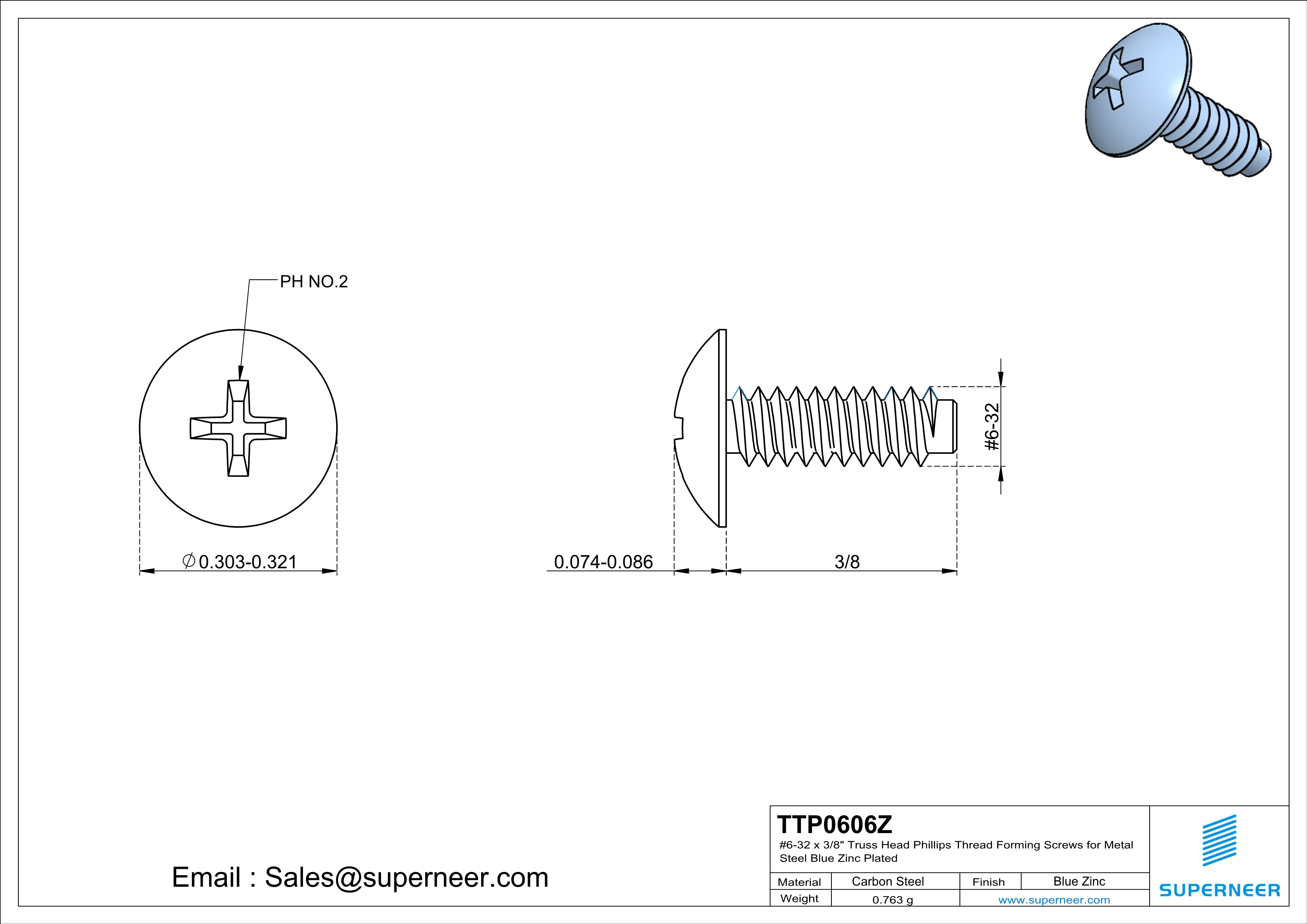 6-32 × 3/8 Truss Head Phillips Thread Forming  Screws for Metal  Steel Blue Zinc Plated