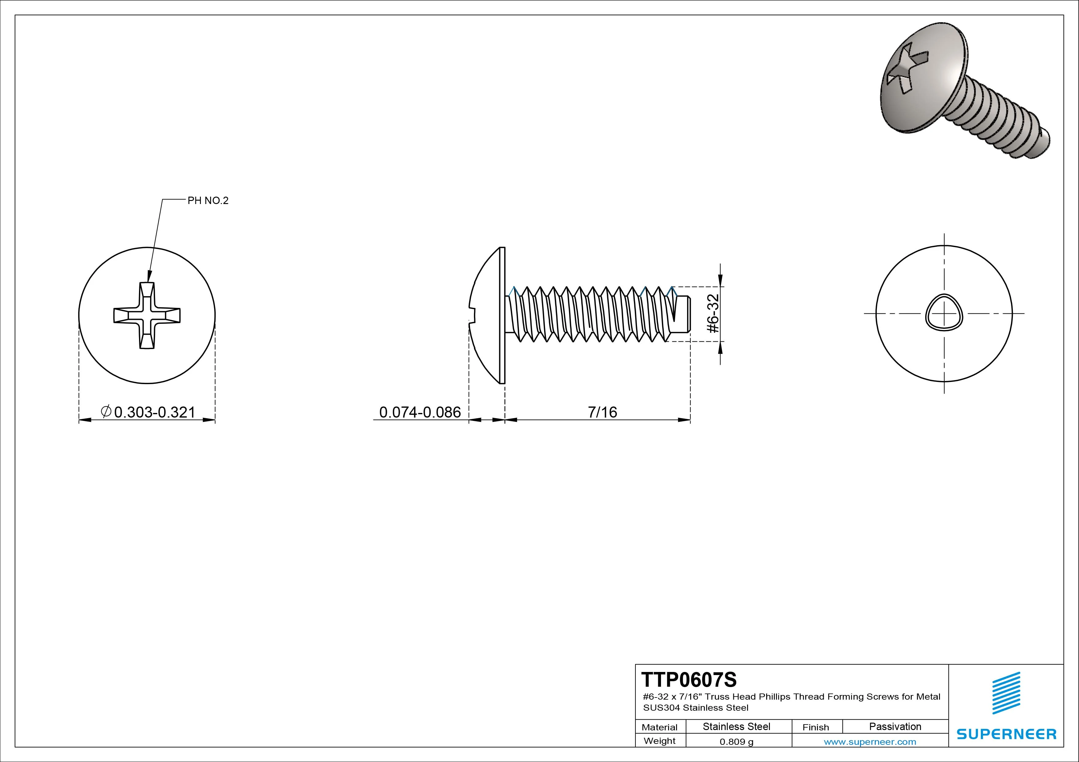 6-32 × 7/16 Truss Head Phillips Thread Forming  Screws for Metal  SUS304 Stainless Steel Inox