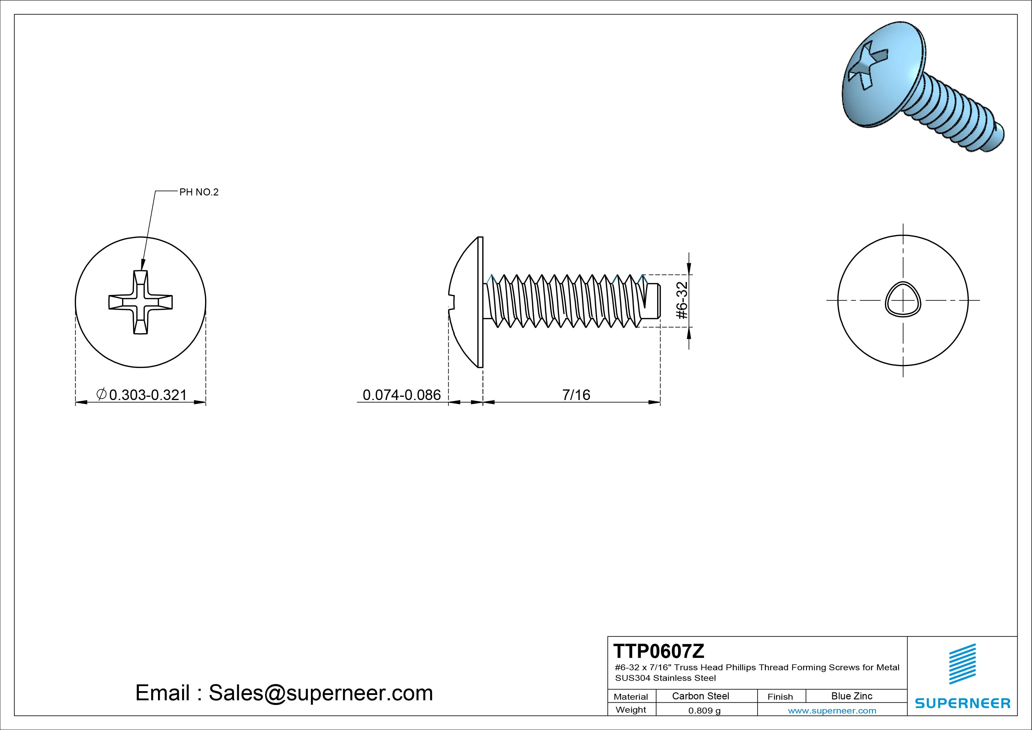 6-32 × 7/16 Truss Head Phillips Thread Forming  Screws for Metal  Steel Blue Zinc Plated