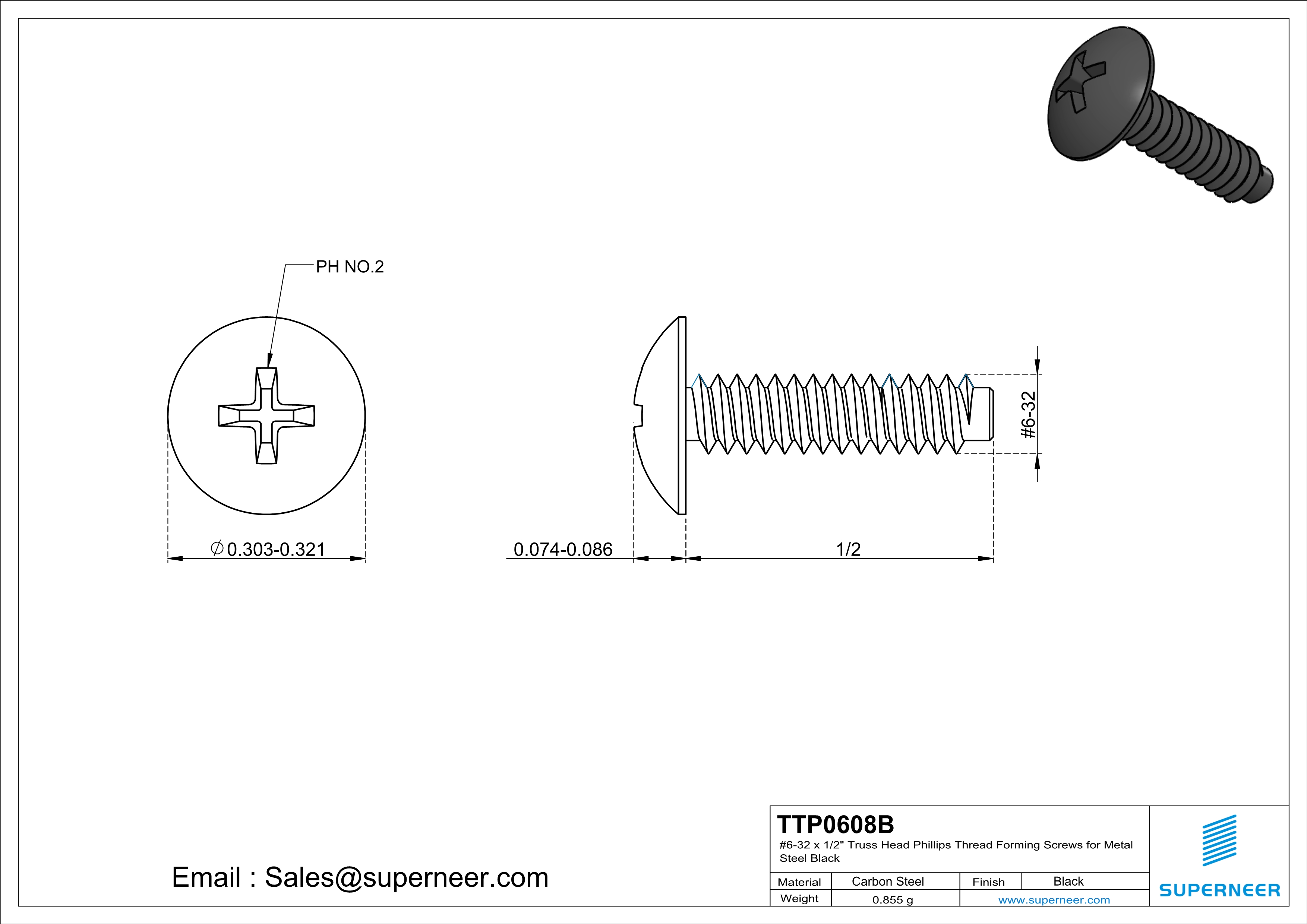 6-32 × 1/2 Truss Head Phillips Thread Forming  Screws for Metal  Steel Black