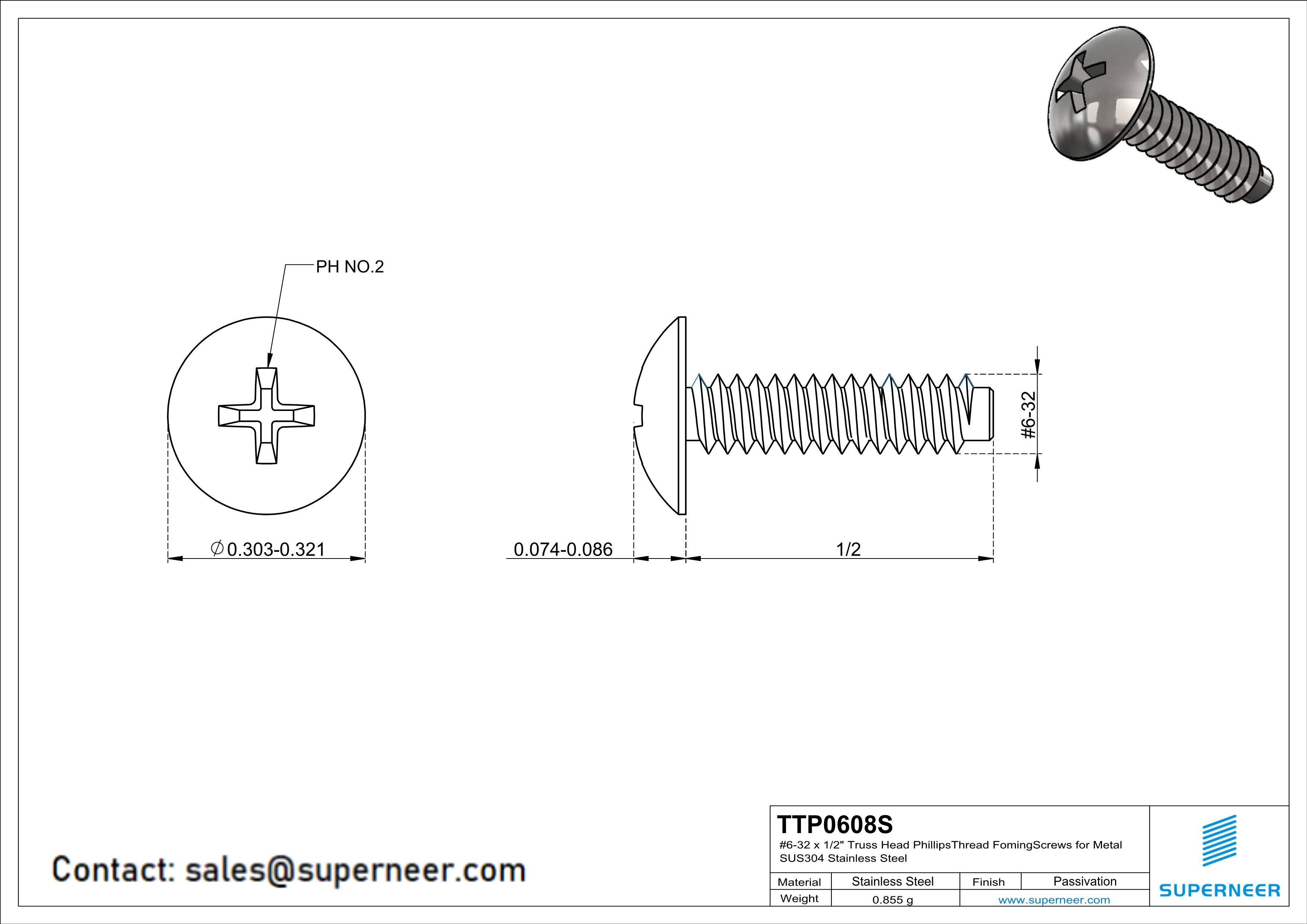 6-32 × 1/2 Truss Head Phillips Thread Forming  Screws for Metal  SUS304 Stainless Steel Inox