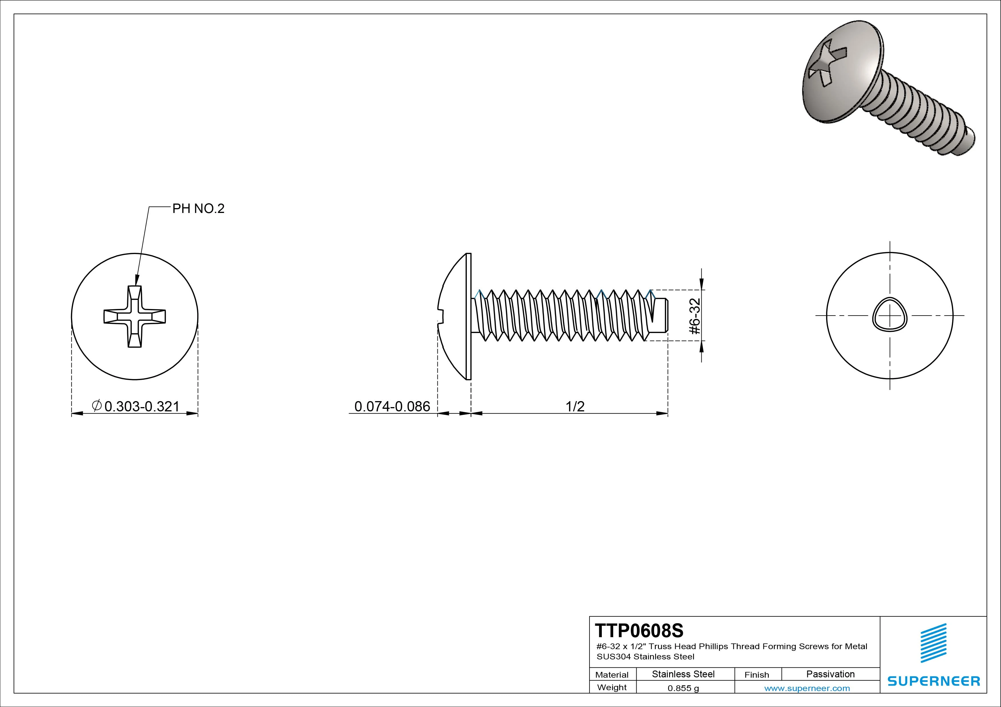 6-32 × 1/2 Truss Head Phillips Thread Forming  Screws for Metal  SUS304 Stainless Steel Inox