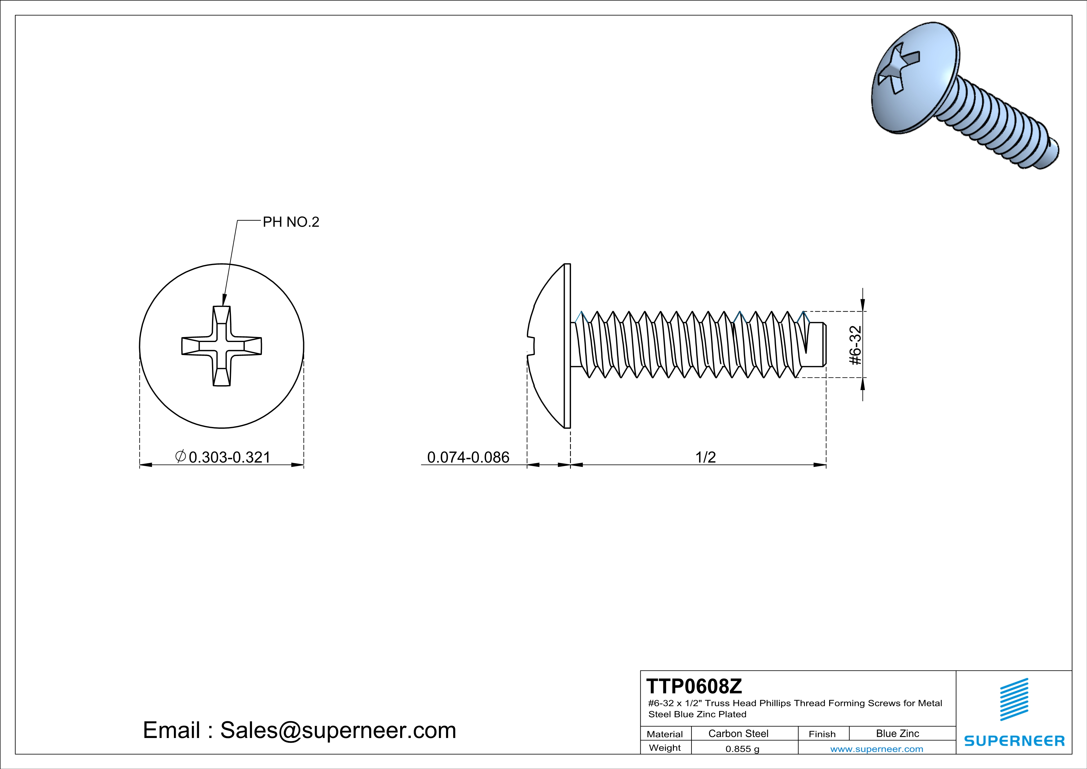 6-32 × 1/2 Truss Head Phillips Thread Forming  Screws for Metal  Steel Blue Zinc Plated