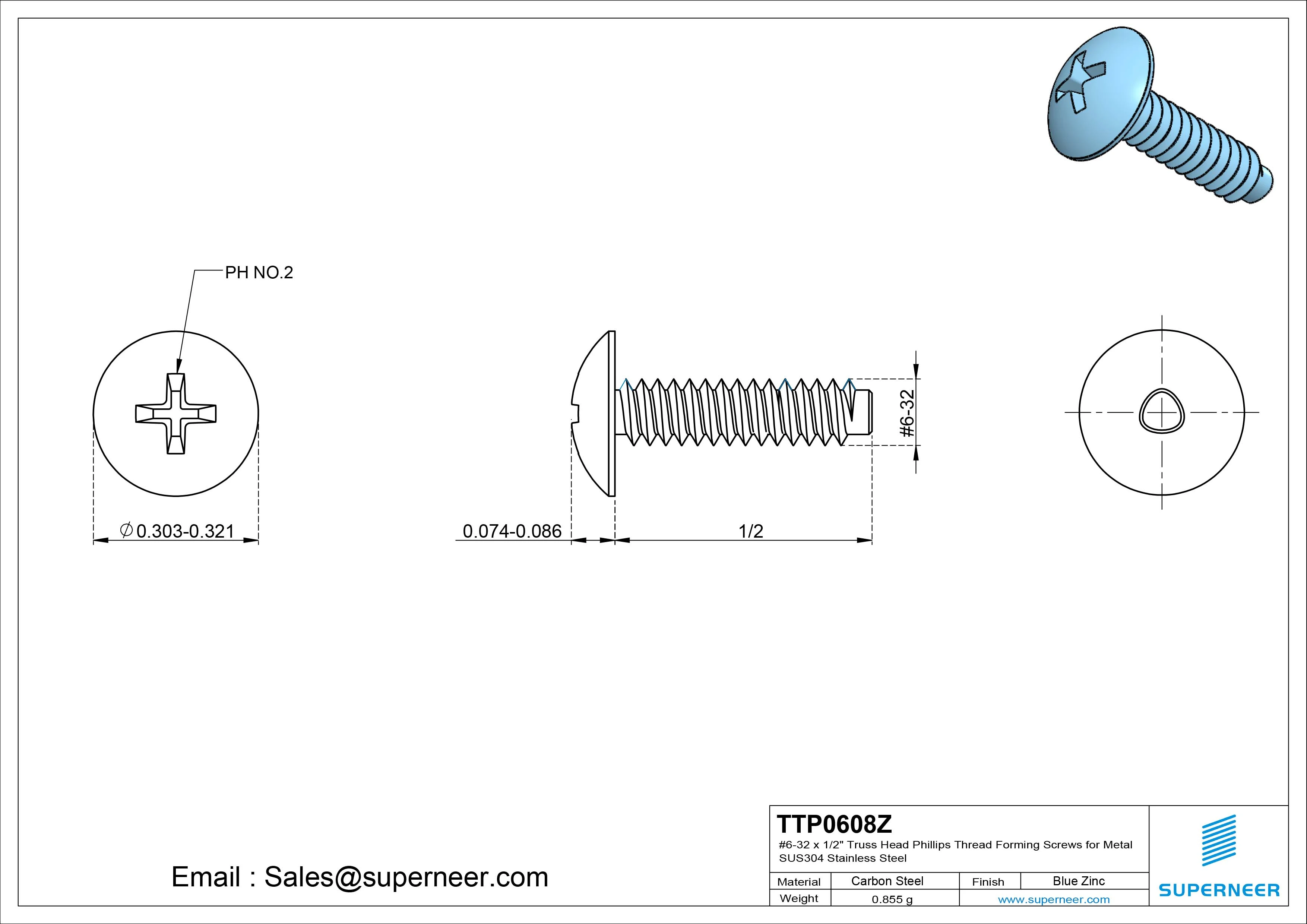 6-32 × 1/2 Truss Head Phillips Thread Forming  Screws for Metal  Steel Blue Zinc Plated