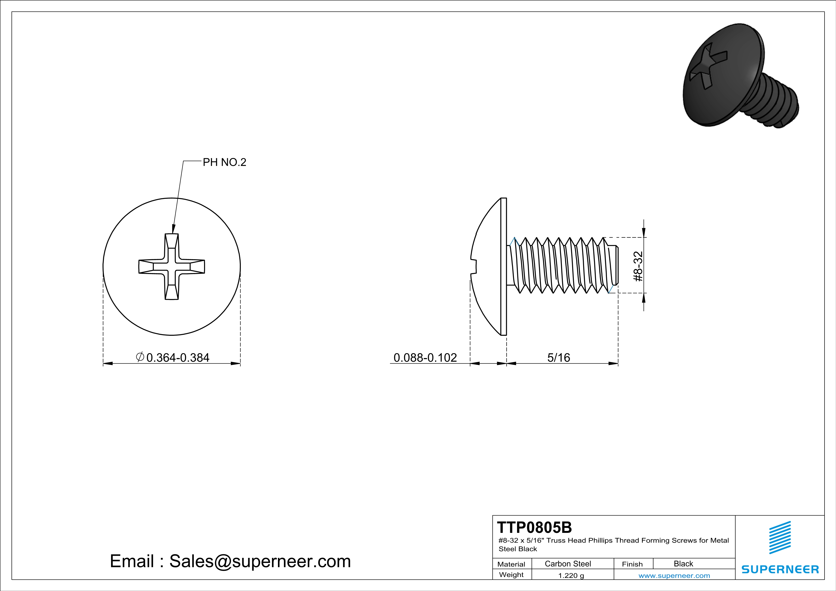 8-32 × 5/16 Truss Head Phillips Thread Forming  Screws for Metal  Steel Black