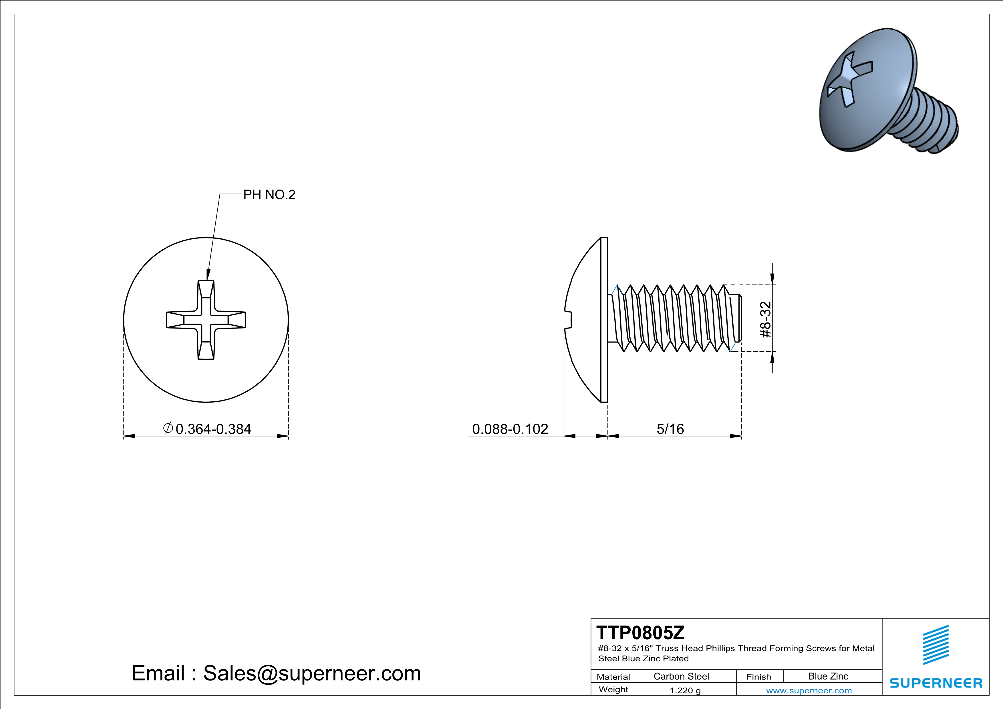 8-32 × 5/16 Truss Head Phillips Thread Forming  Screws for Metal  Steel Blue Zinc Plated