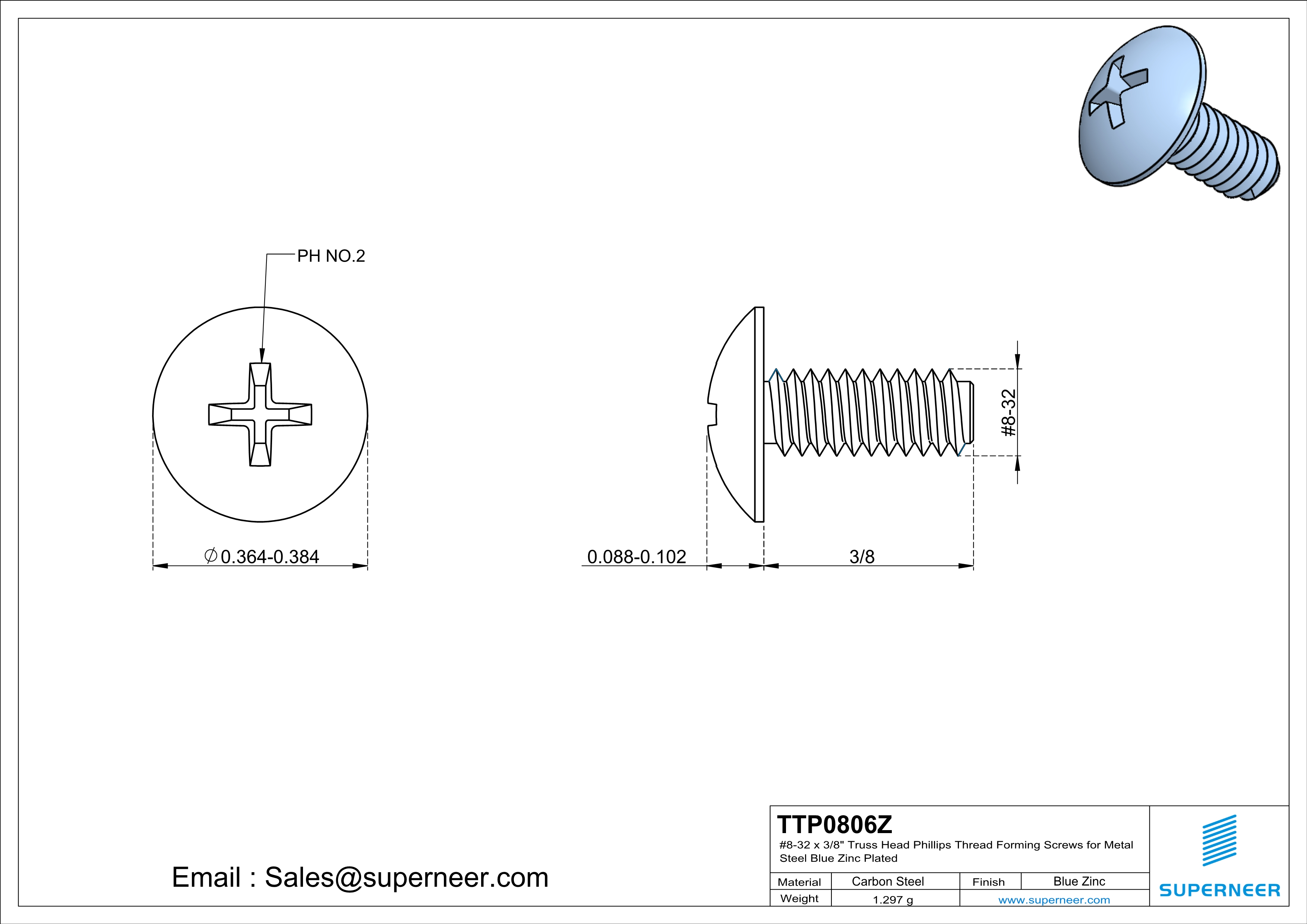 8-32 × 3/8 Truss Head Phillips Thread Forming  Screws for Metal  Steel Blue Zinc Plated