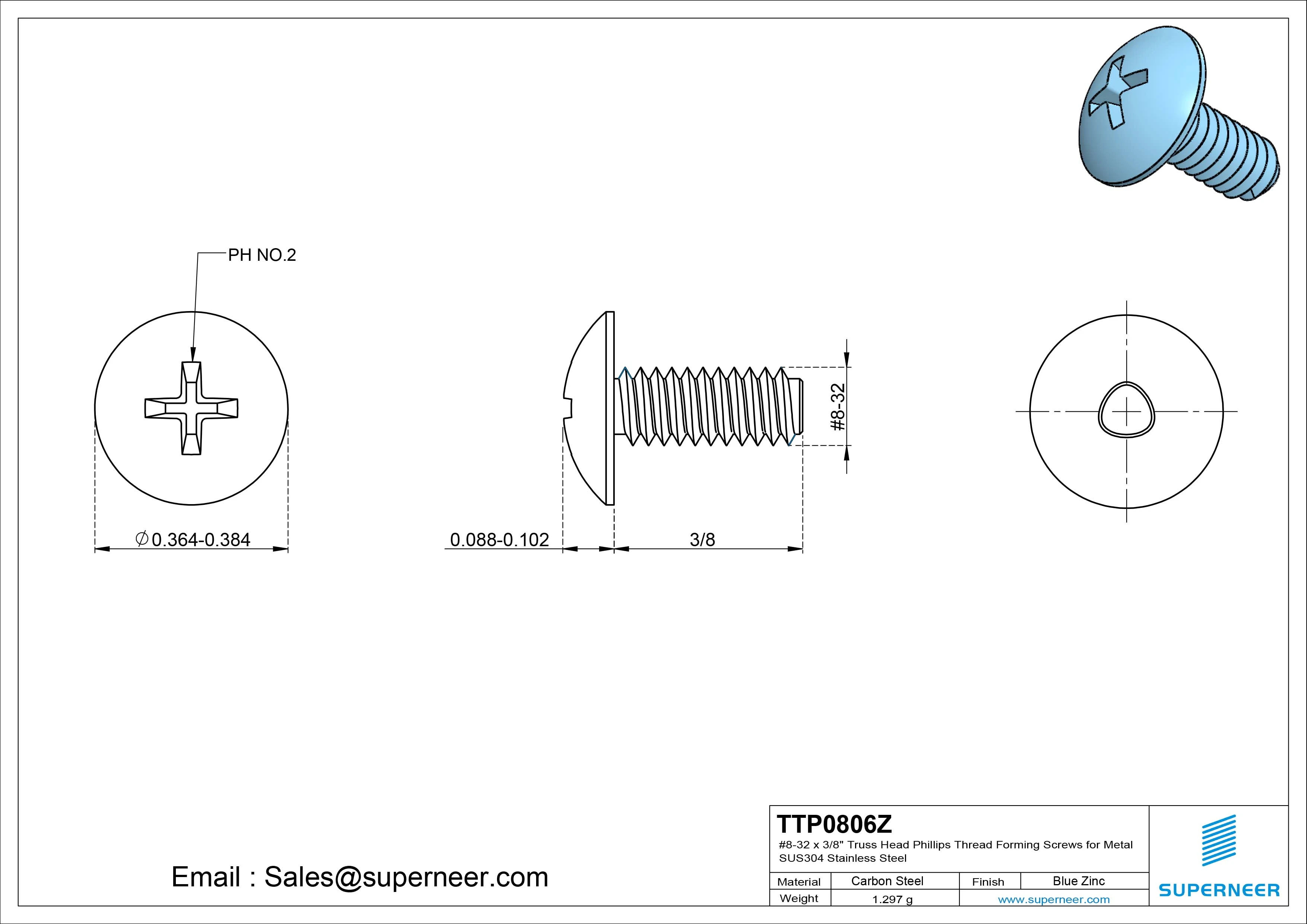 8-32 × 3/8 Truss Head Phillips Thread Forming  Screws for Metal  Steel Blue Zinc Plated