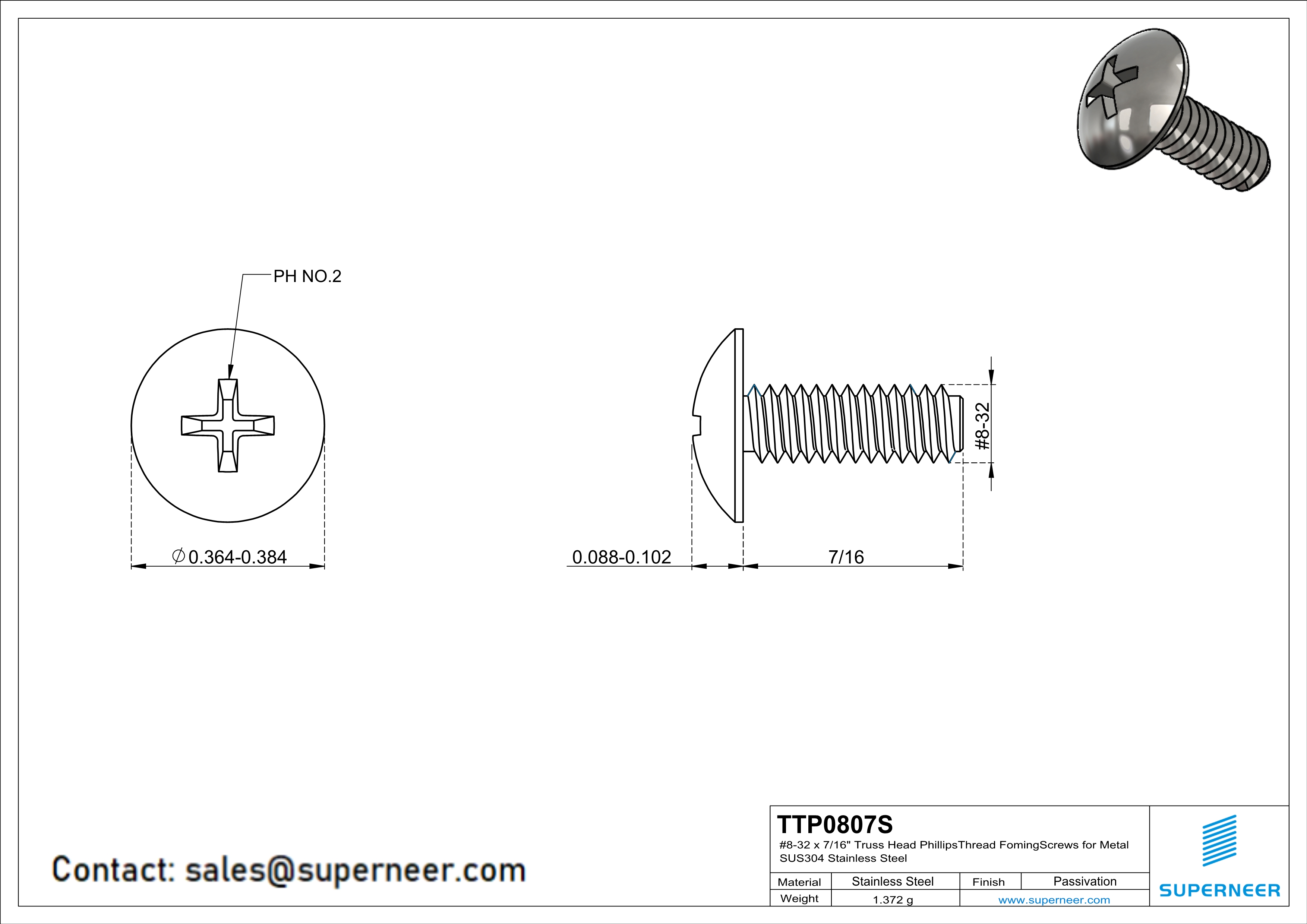 8-32 × 7/16 Truss Head Phillips Thread Forming  Screws for Metal  SUS304 Stainless Steel Inox