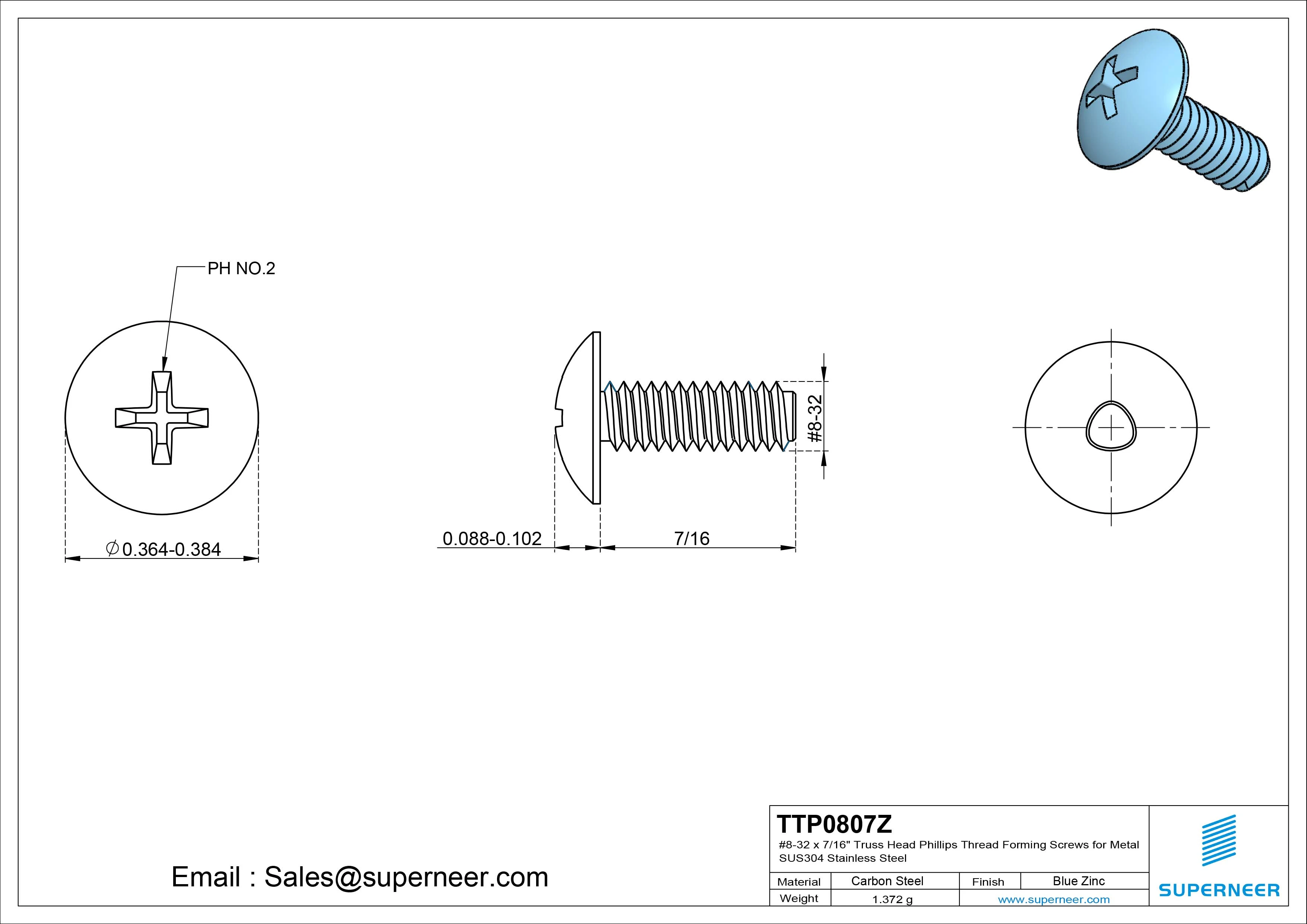 8-32 × 7/16 Truss Head Phillips Thread Forming  Screws for Metal  Steel Blue Zinc Plated