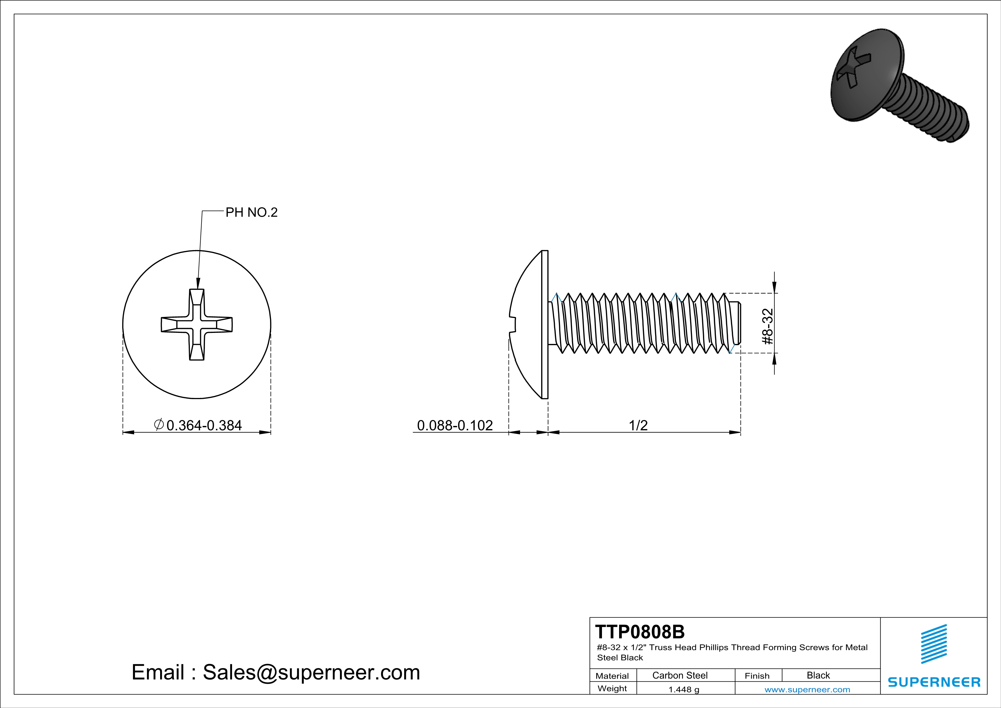 8-32 × 1/2 Truss Head Phillips Thread Forming  Screws for Metal  Steel Black