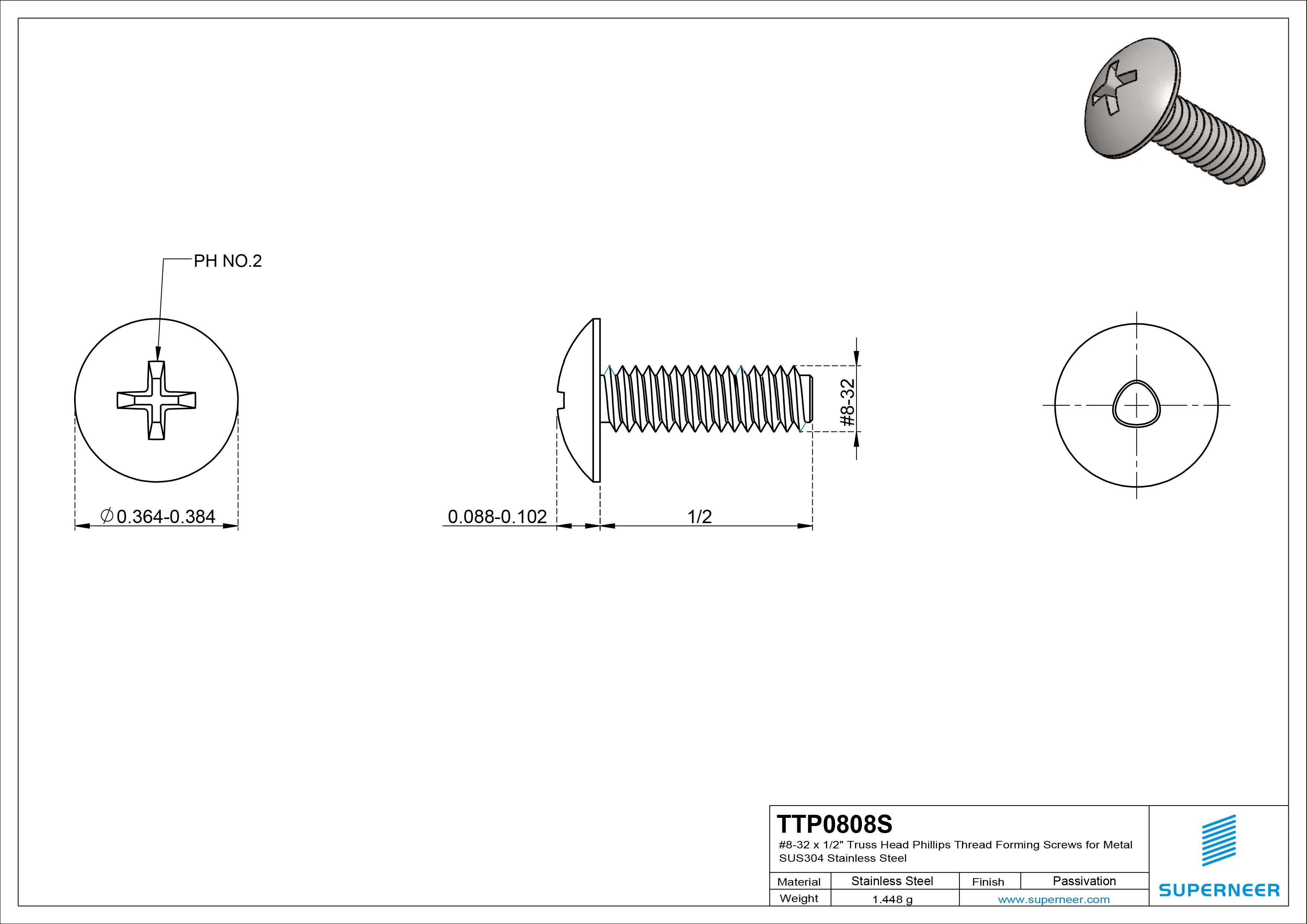 8-32 × 1/2 Truss Head Phillips Thread Forming  Screws for Metal  SUS304 Stainless Steel Inox