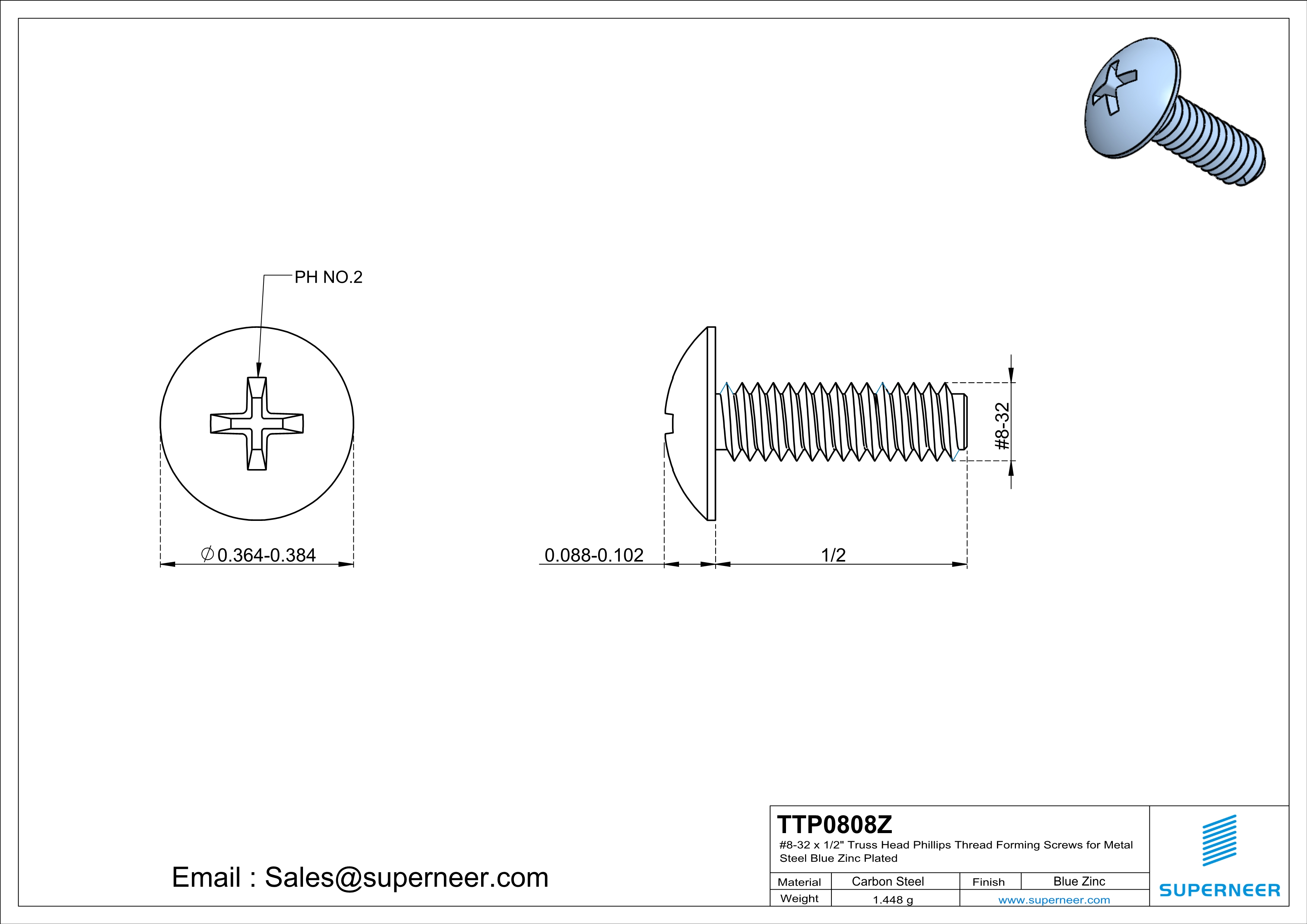 8-32 × 1/2 Truss Head Phillips Thread Forming  Screws for Metal  Steel Blue Zinc Plated