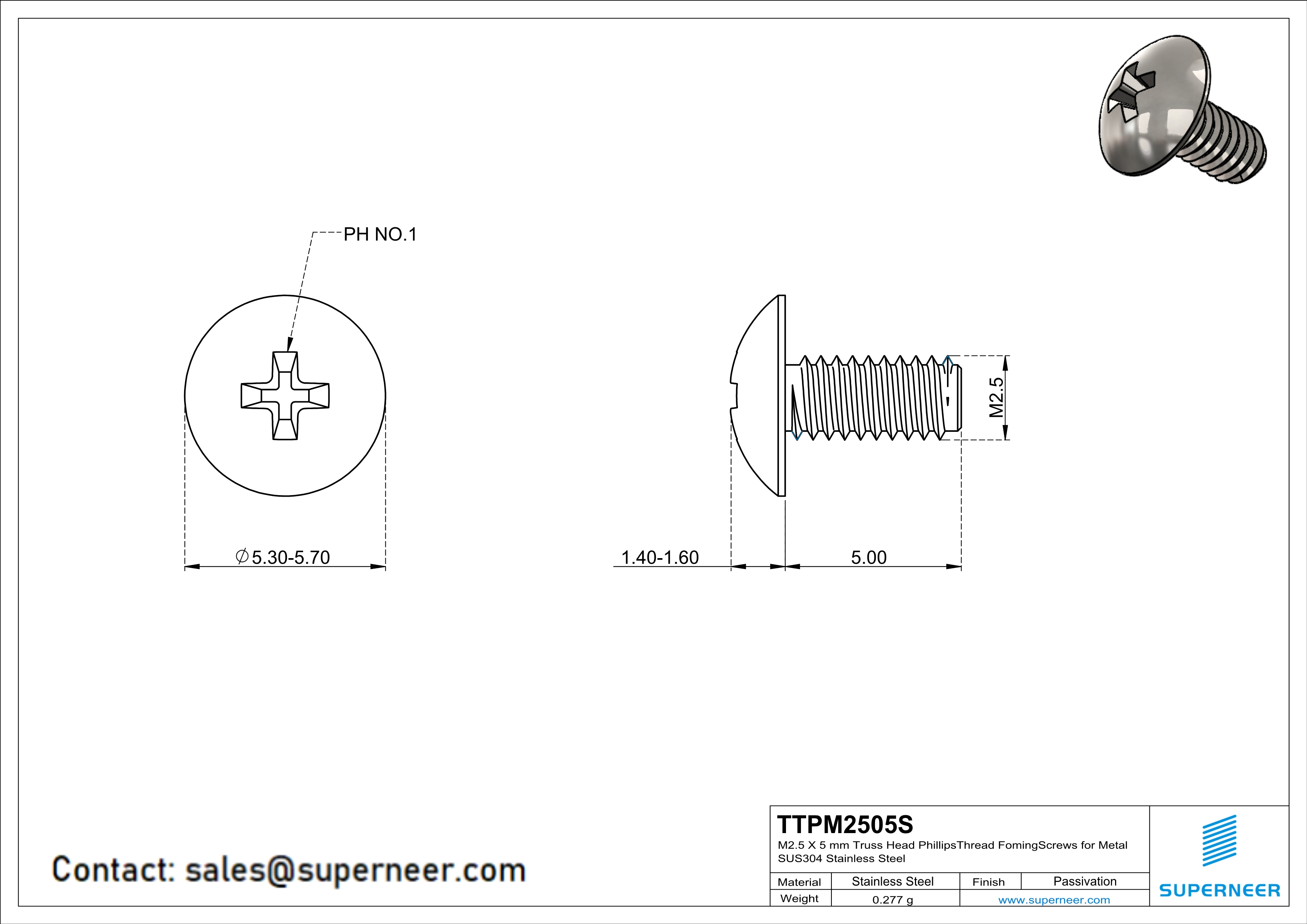 M2.5 × 5mm Truss Head Phillips Thread Forming Screws for Metal SUS304 Stainless Steel Inox