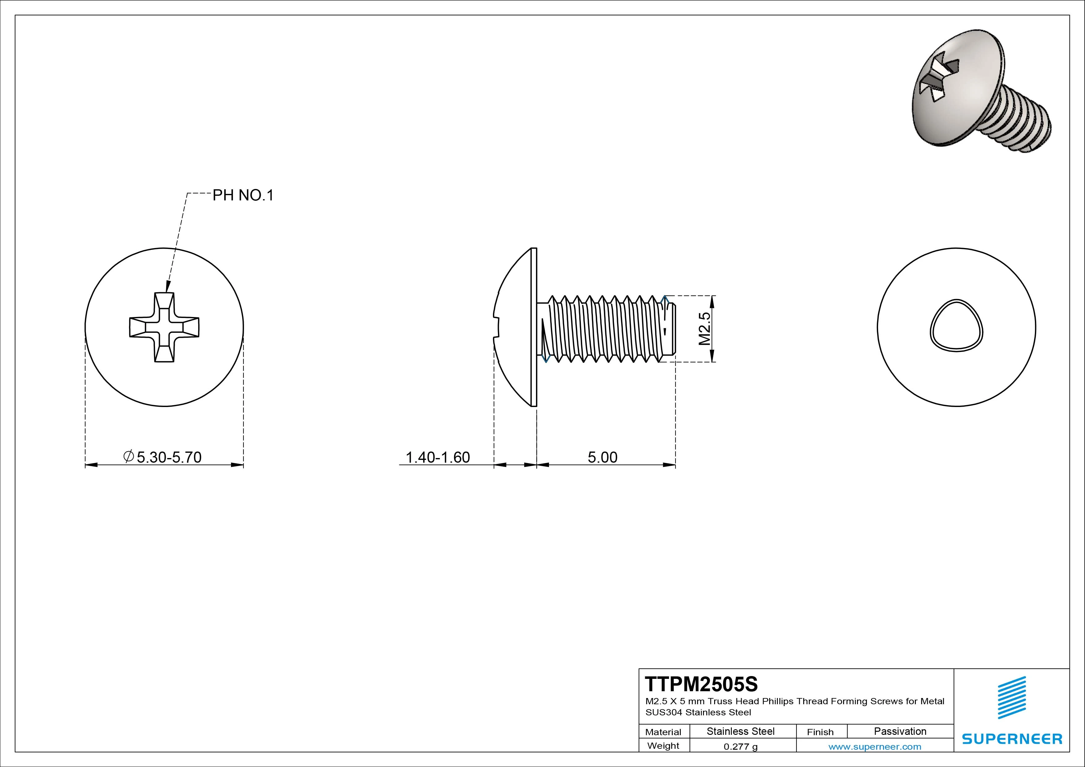 M2.5 × 5mm Truss Head Phillips Thread Forming Screws for Metal SUS304 Stainless Steel Inox