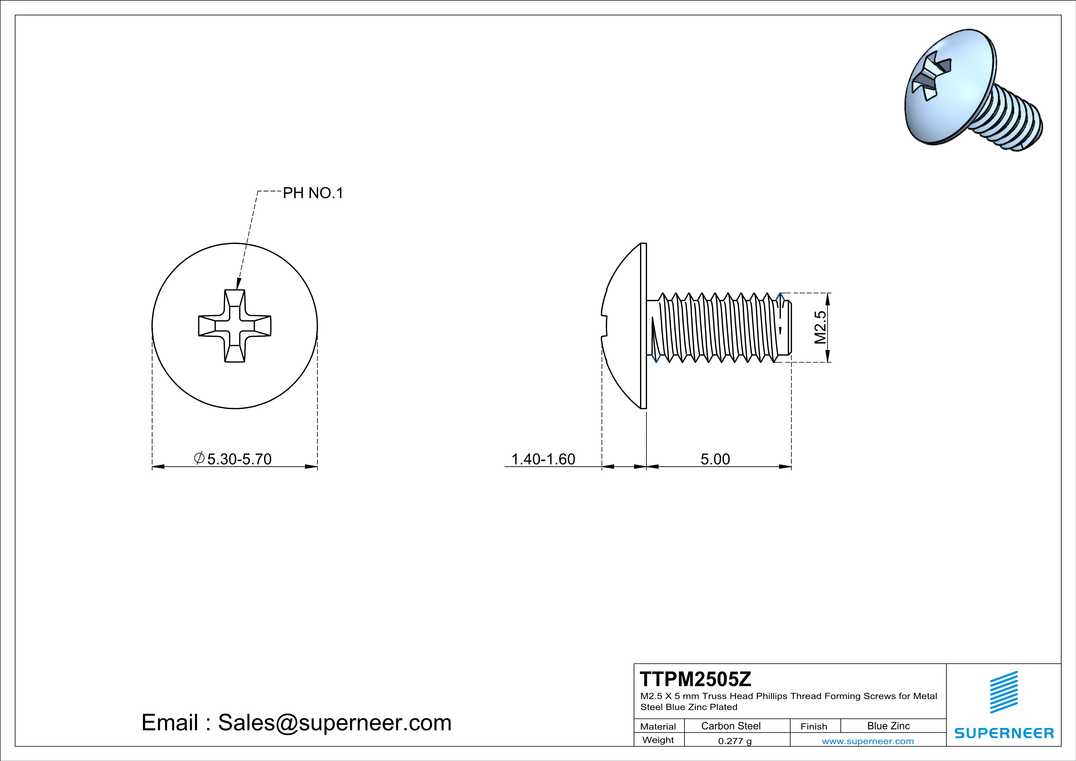 M2.5 × 5mm Truss Head Phillips Thread Forming Screws for Metal Steel Blue Zinc Plated