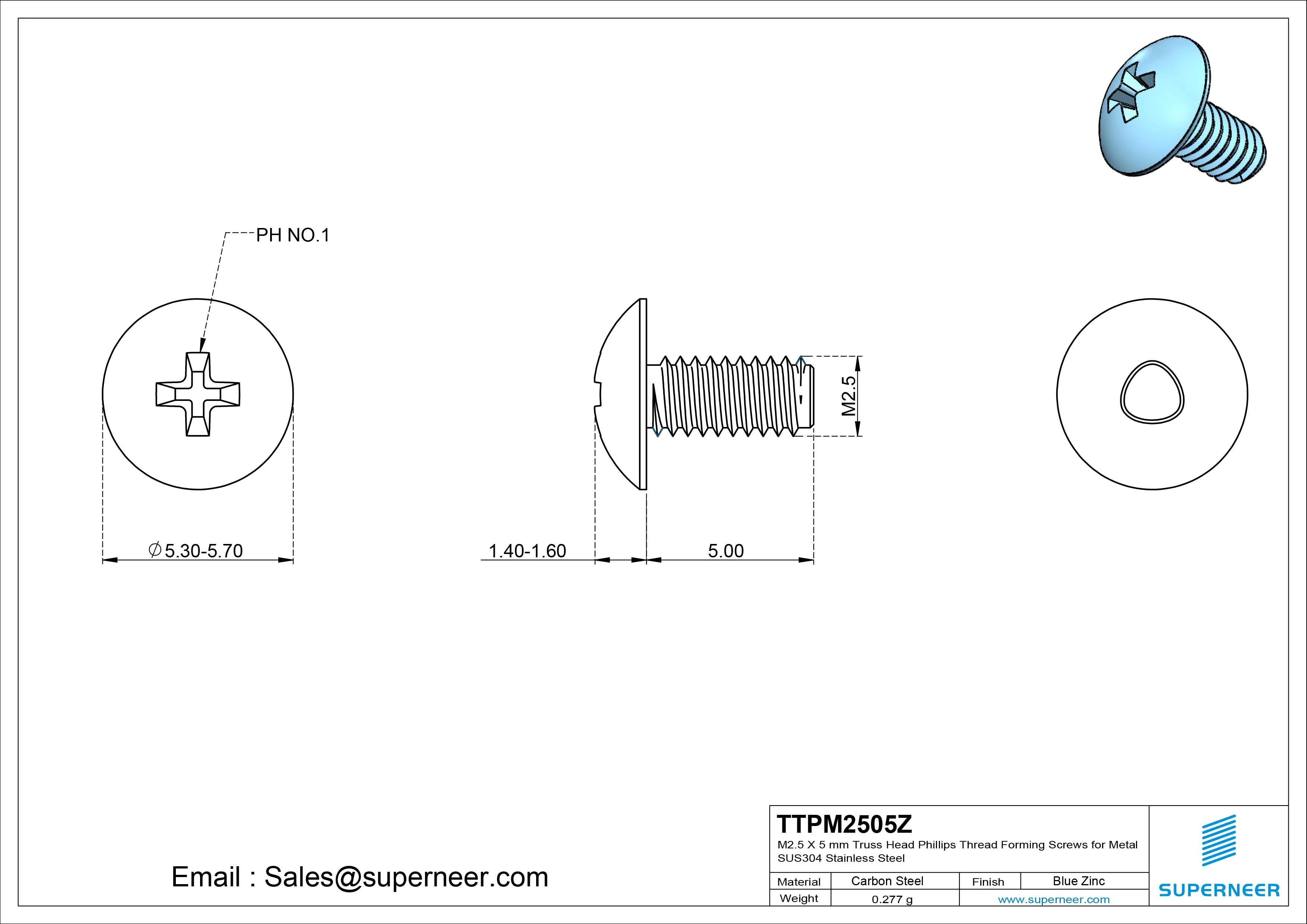 M2.5 × 5mm Truss Head Phillips Thread Forming Screws for Metal Steel Blue Zinc Plated