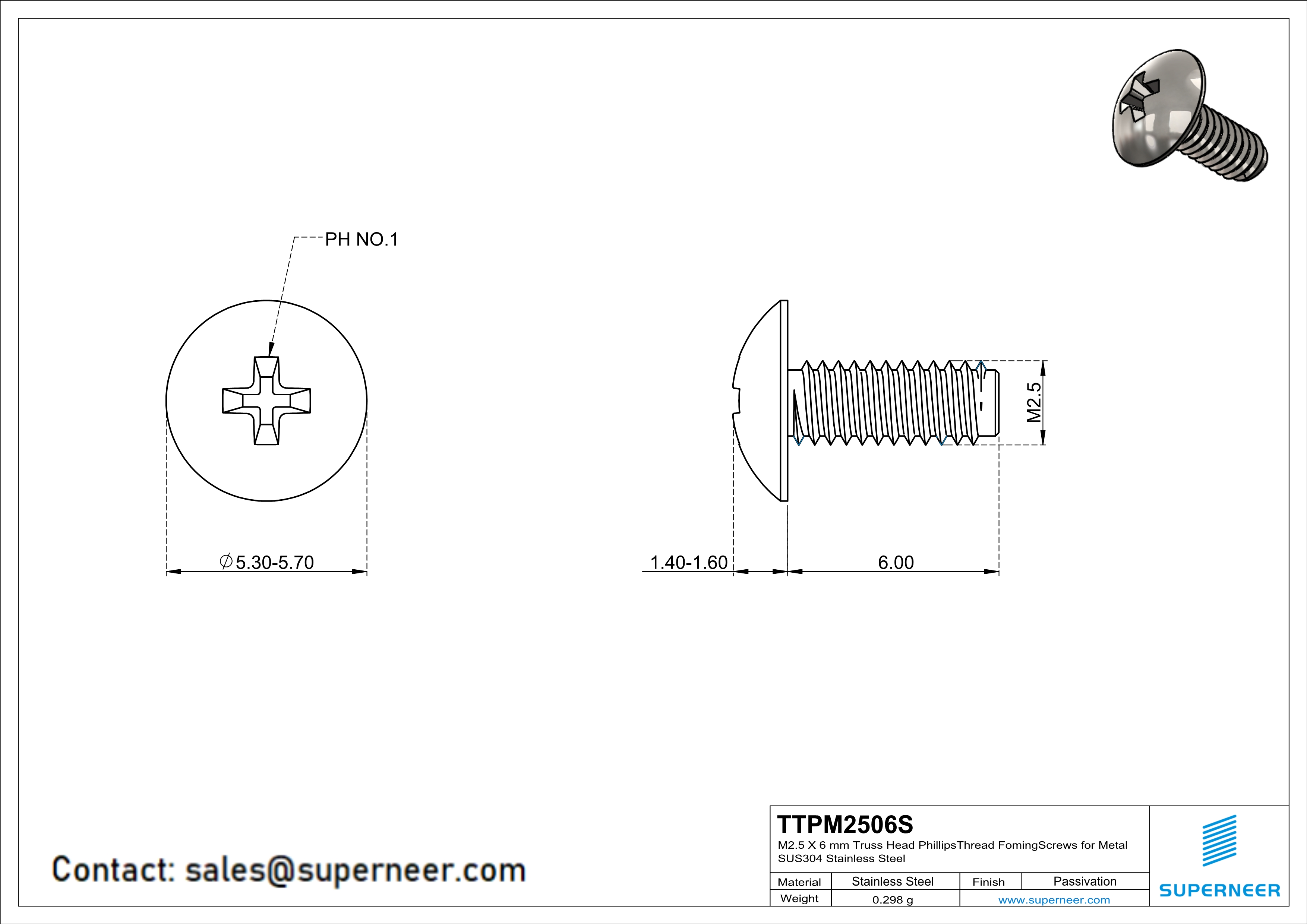 M2.5 × 6mm Truss Head Phillips Thread Forming Screws for Metal SUS304 Stainless Steel Inox