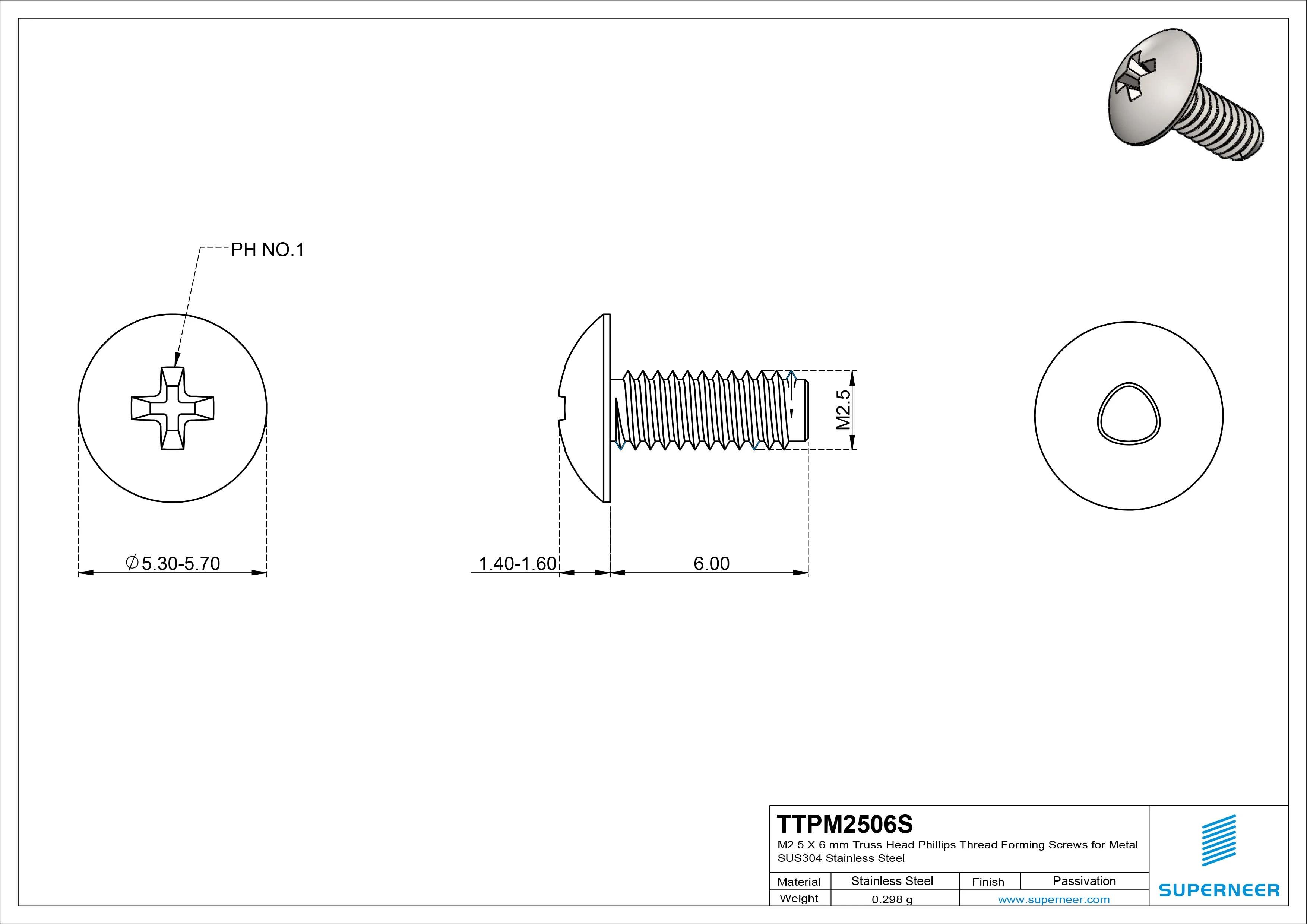 M2.5 × 6mm Truss Head Phillips Thread Forming Screws for Metal SUS304 Stainless Steel Inox