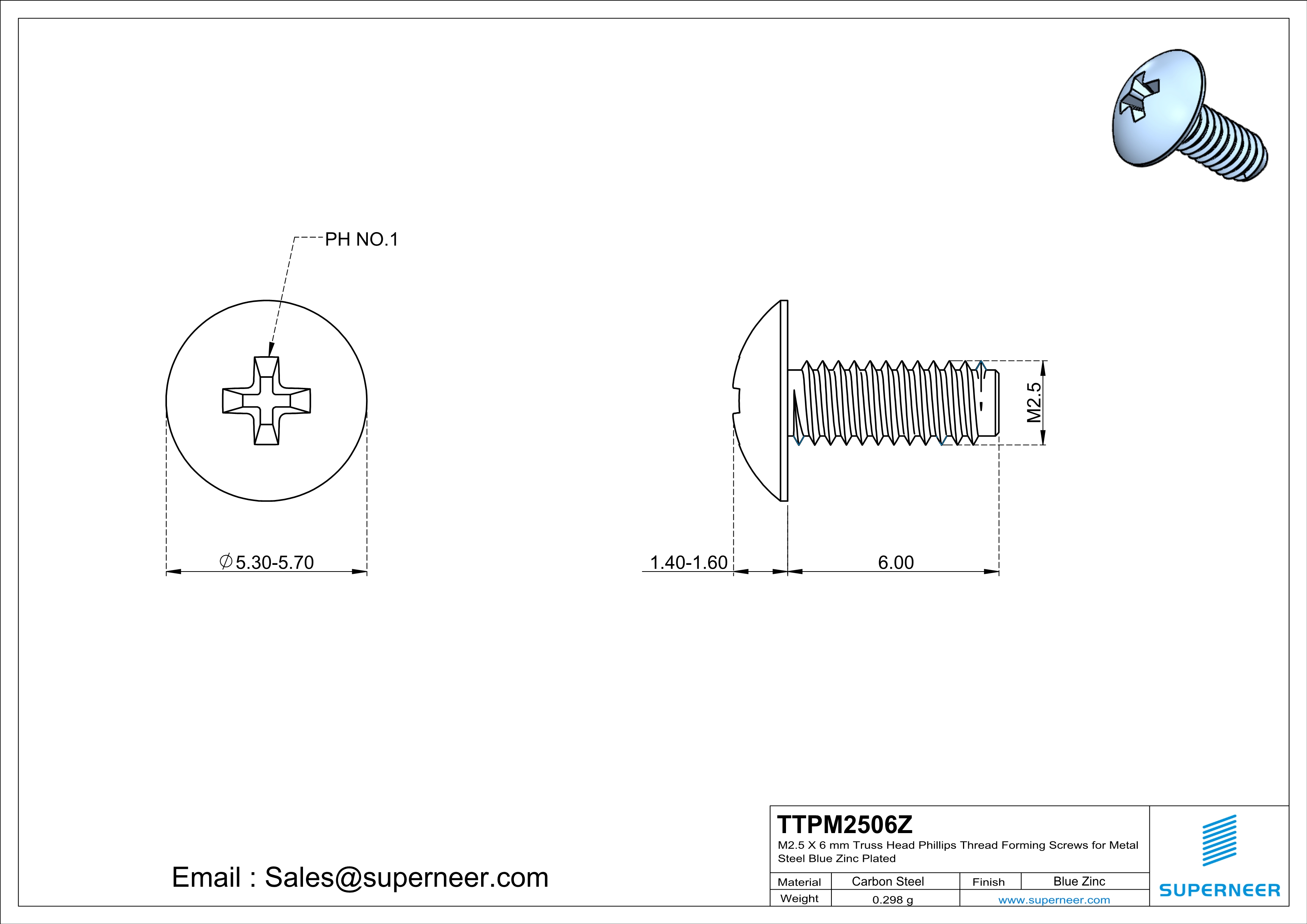 M2.5 × 6mm Truss Head Phillips Thread Forming Screws for Metal Steel Blue Zinc Plated