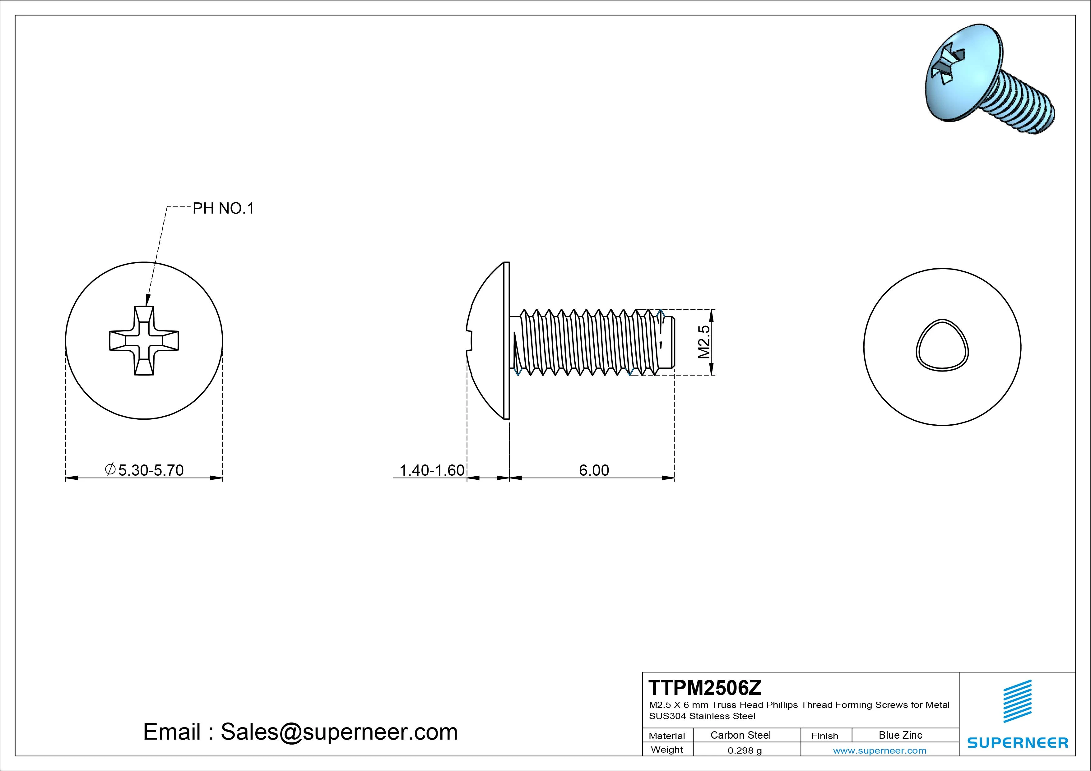 M2.5 × 6mm Truss Head Phillips Thread Forming Screws for Metal Steel Blue Zinc Plated