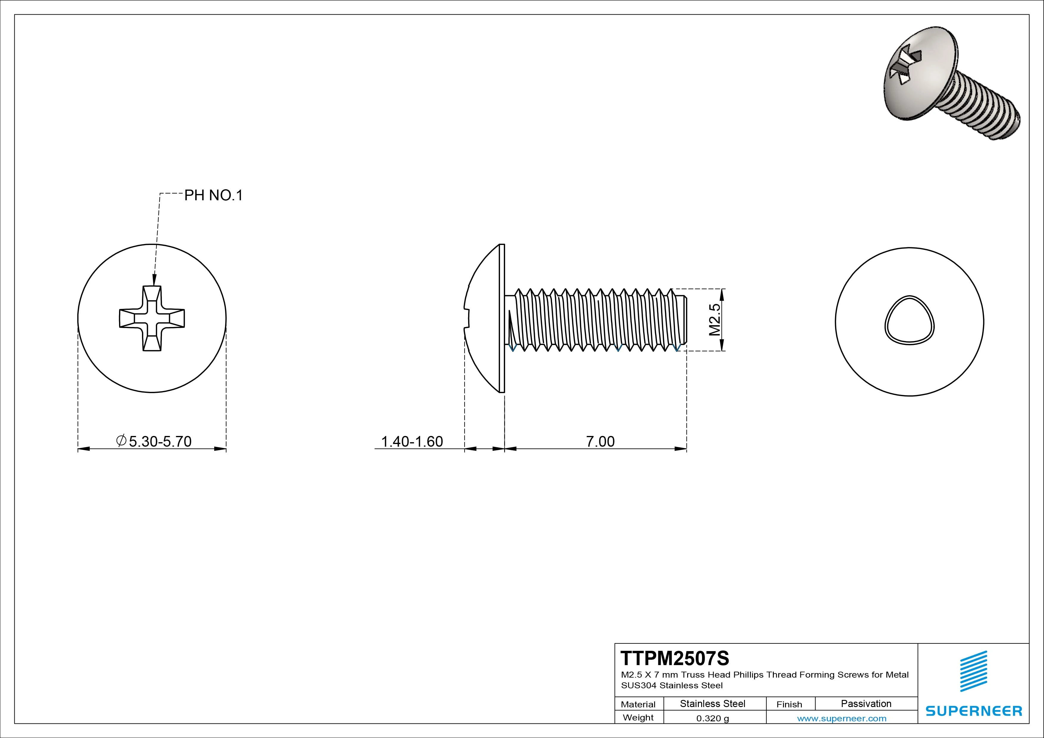 M2.5 × 7mm Truss Head Phillips Thread Forming Screws for Metal SUS304 Stainless Steel Inox