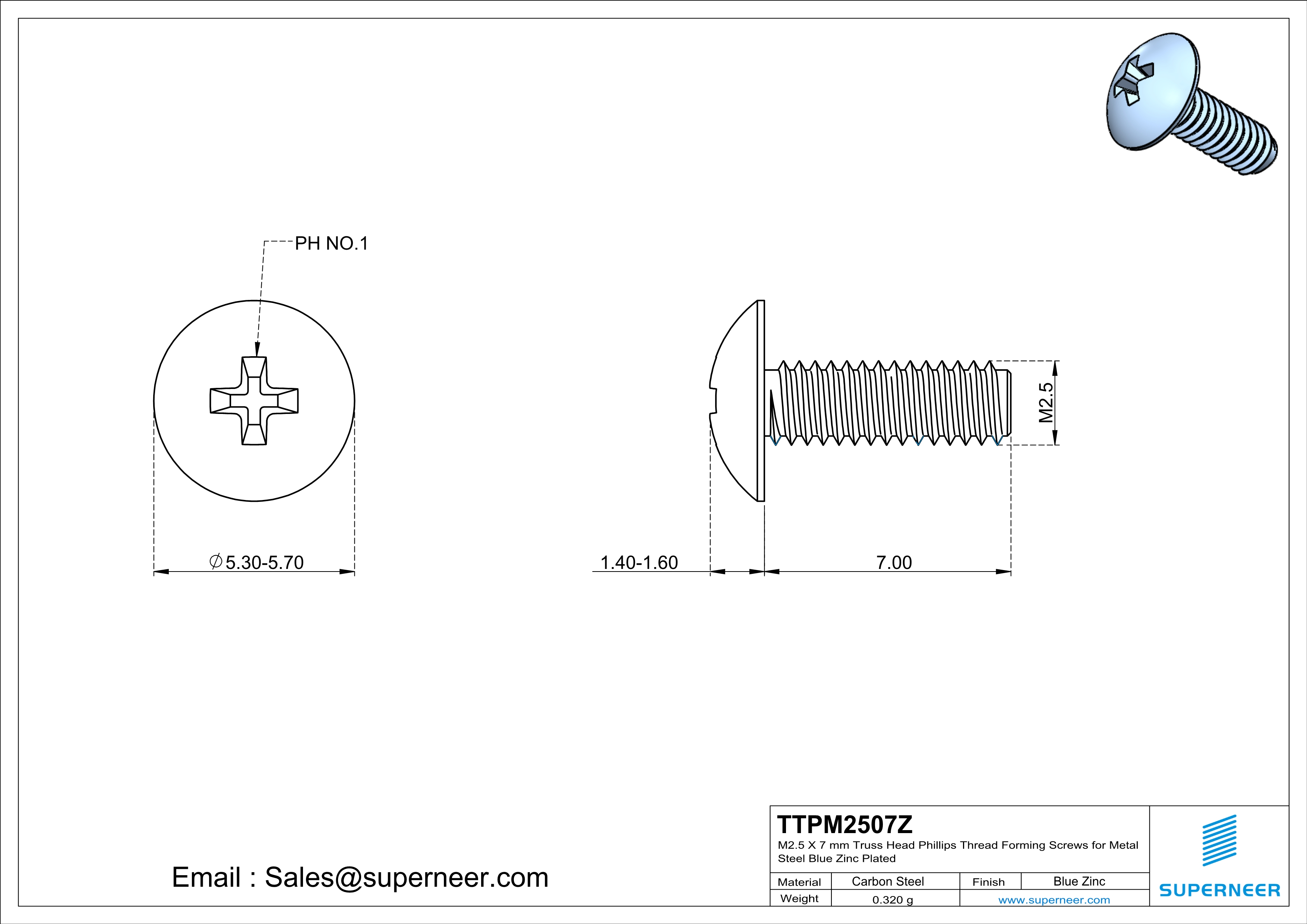 M2.5 × 7mm Truss Head Phillips Thread Forming Screws for Metal Steel Blue Zinc Plated