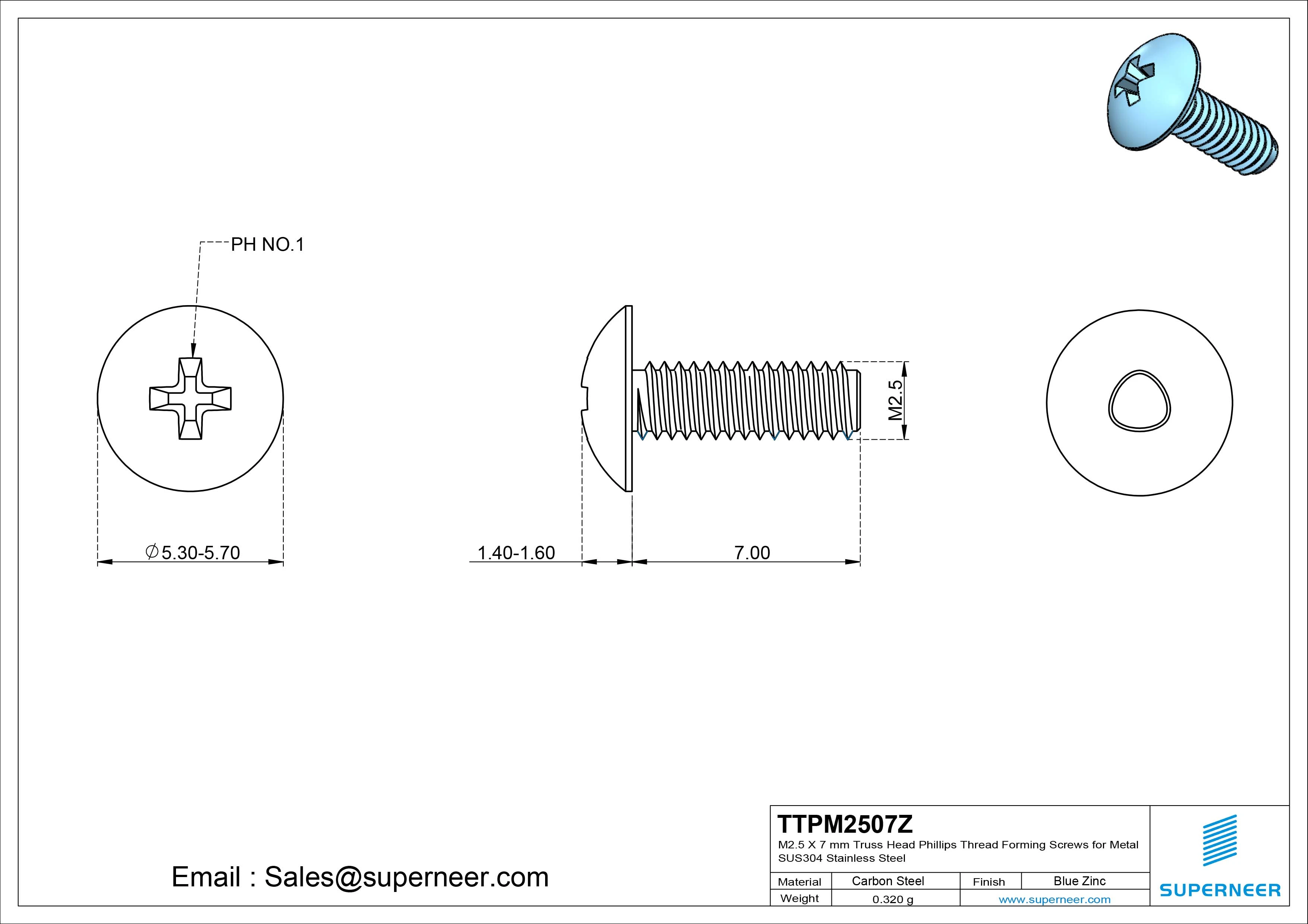 M2.5 × 7mm Truss Head Phillips Thread Forming Screws for Metal Steel Blue Zinc Plated