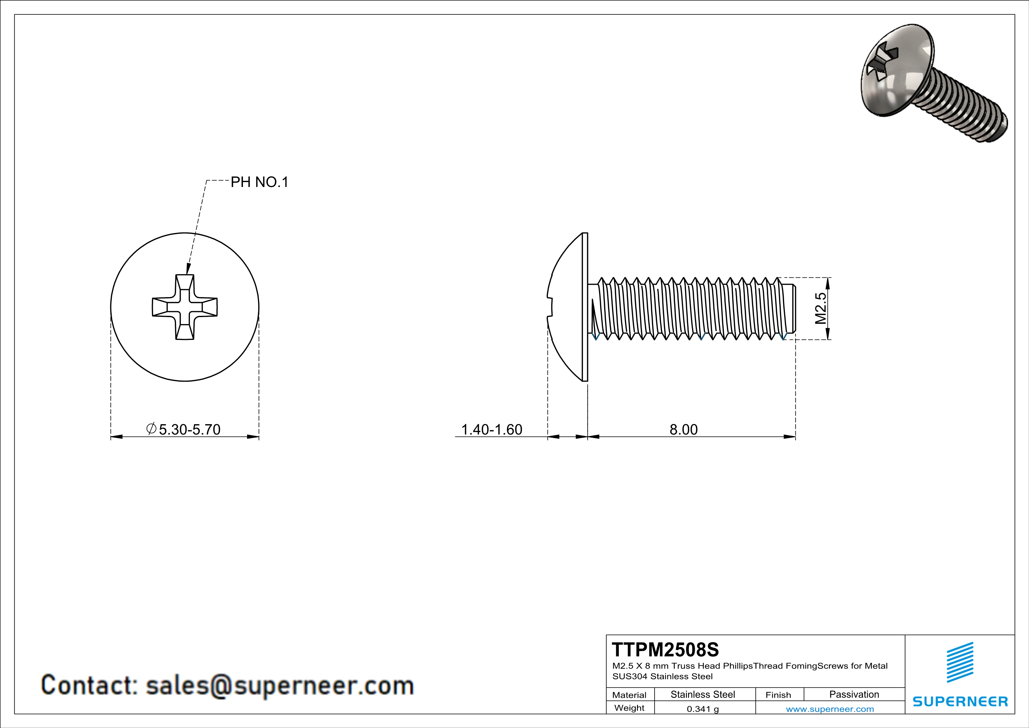 M2.5 × 8mm Truss Head Phillips Thread Forming Screws for Metal SUS304 Stainless Steel Inox