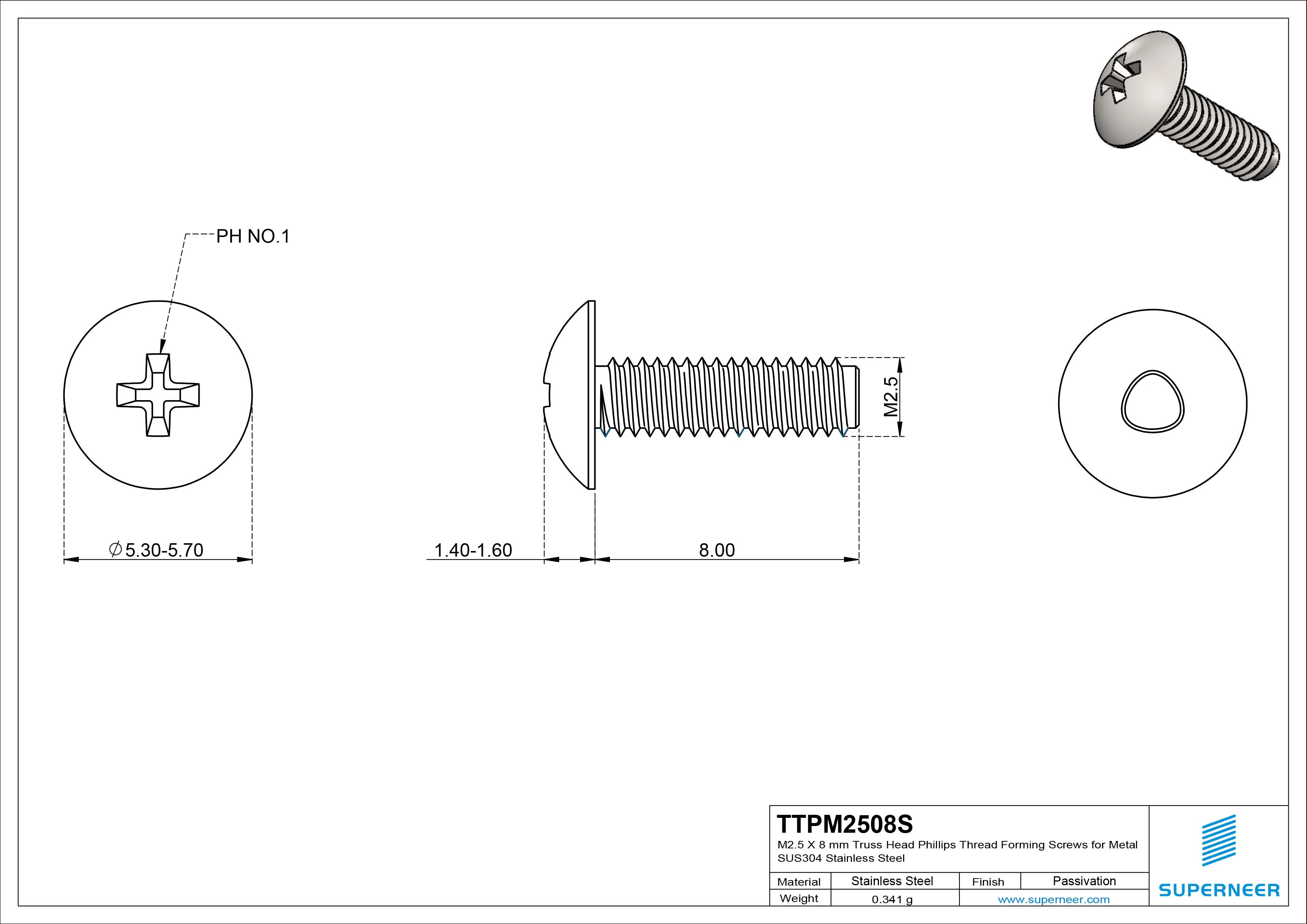 M2.5 × 8mm Truss Head Phillips Thread Forming Screws for Metal SUS304 Stainless Steel Inox